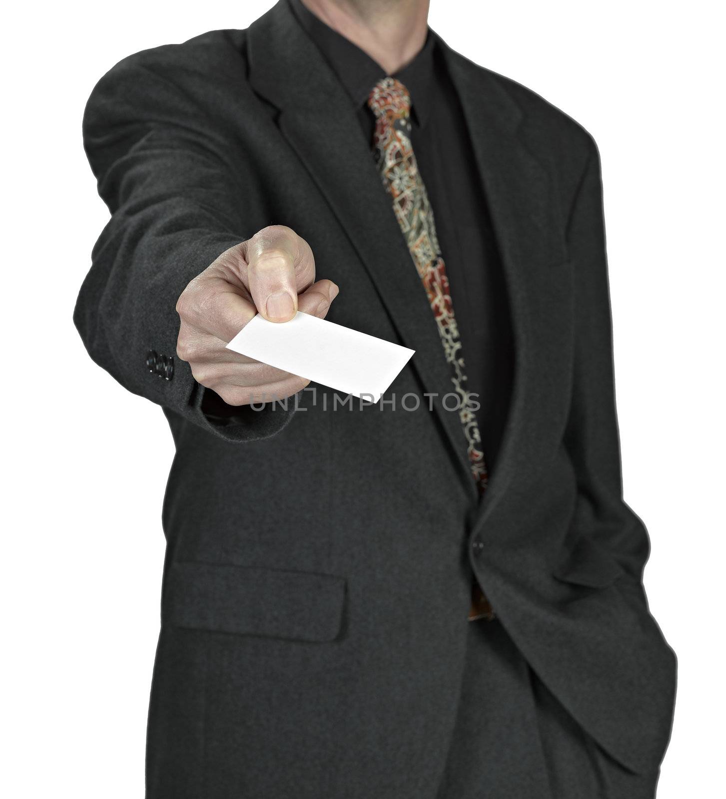 Business man handing a blank business card over white background