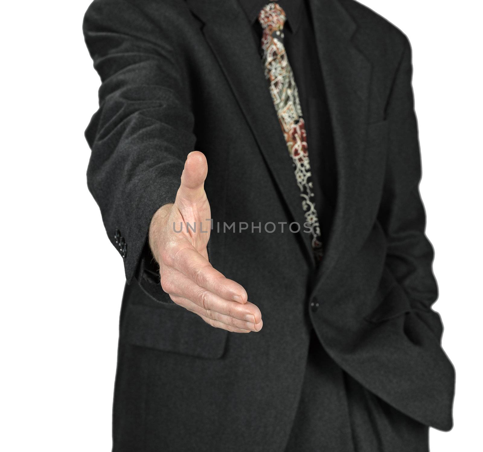 Business man with an open hand ready to seal a deal on white background