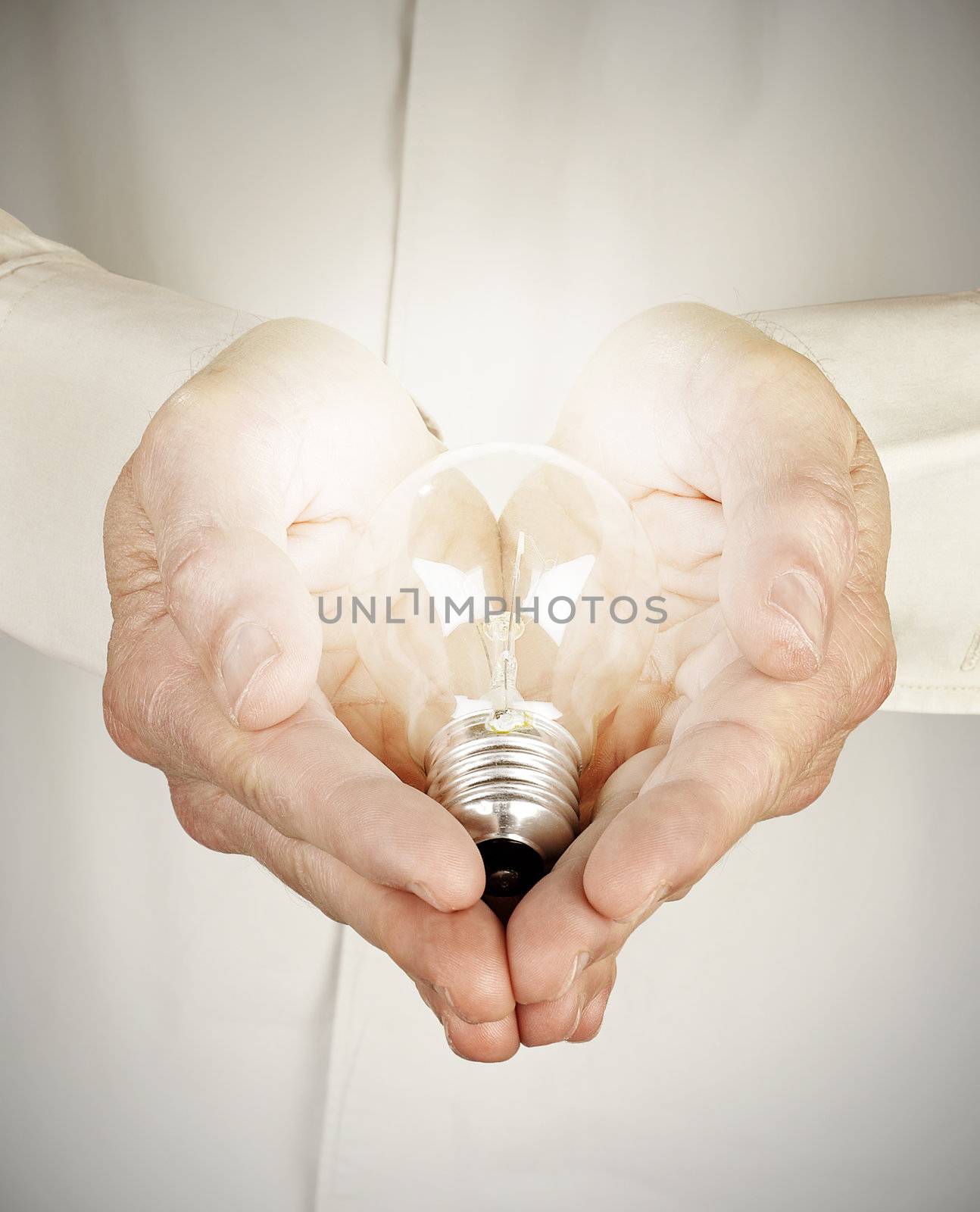 Hands holding light bulb by pbombaert