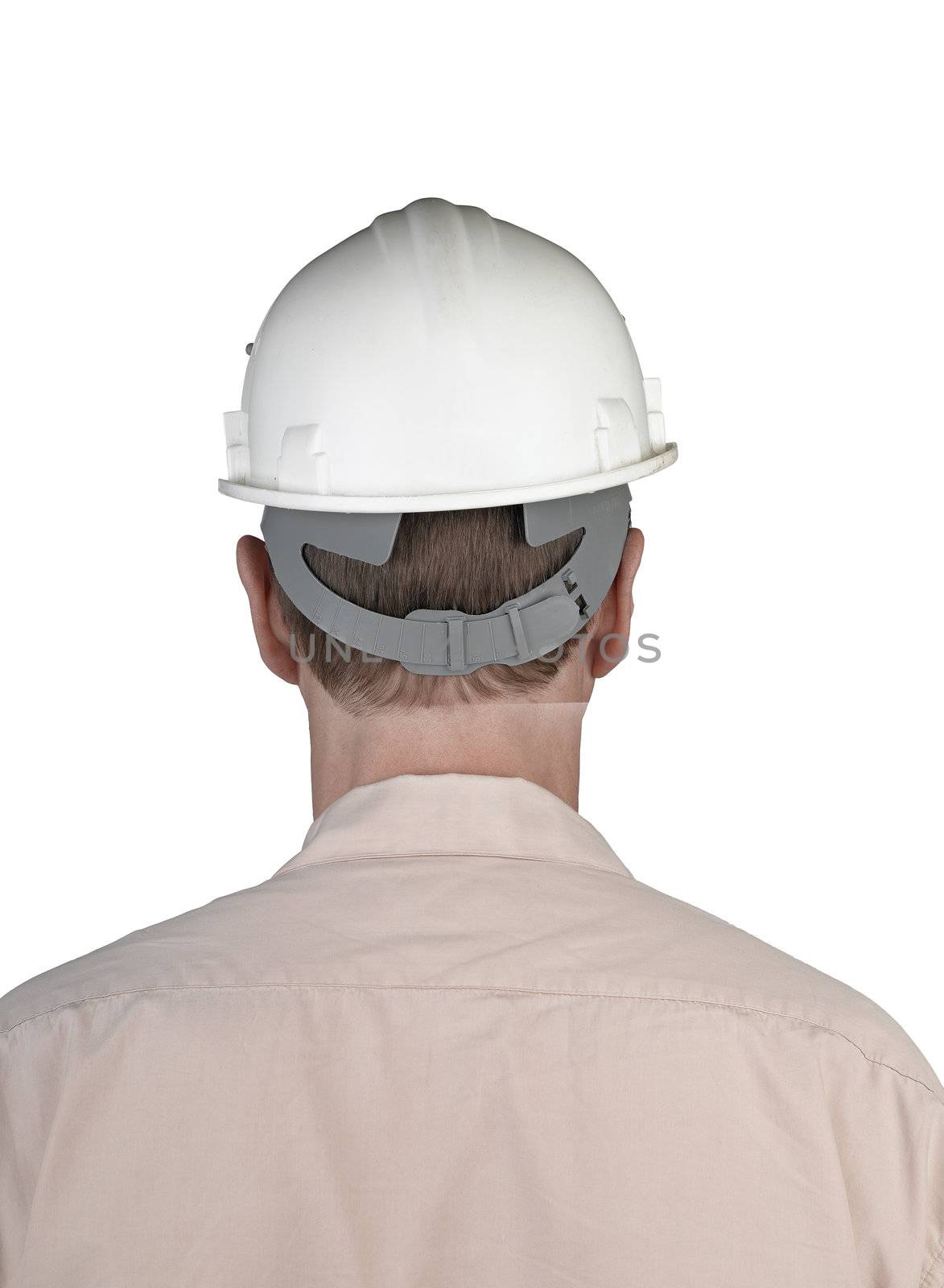 Back of worker man with white constructor helmet by pbombaert