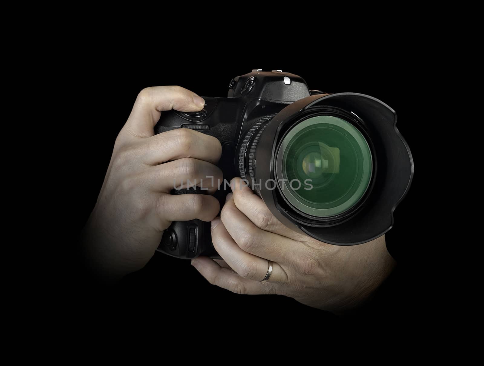 Men's hands held camera closeup