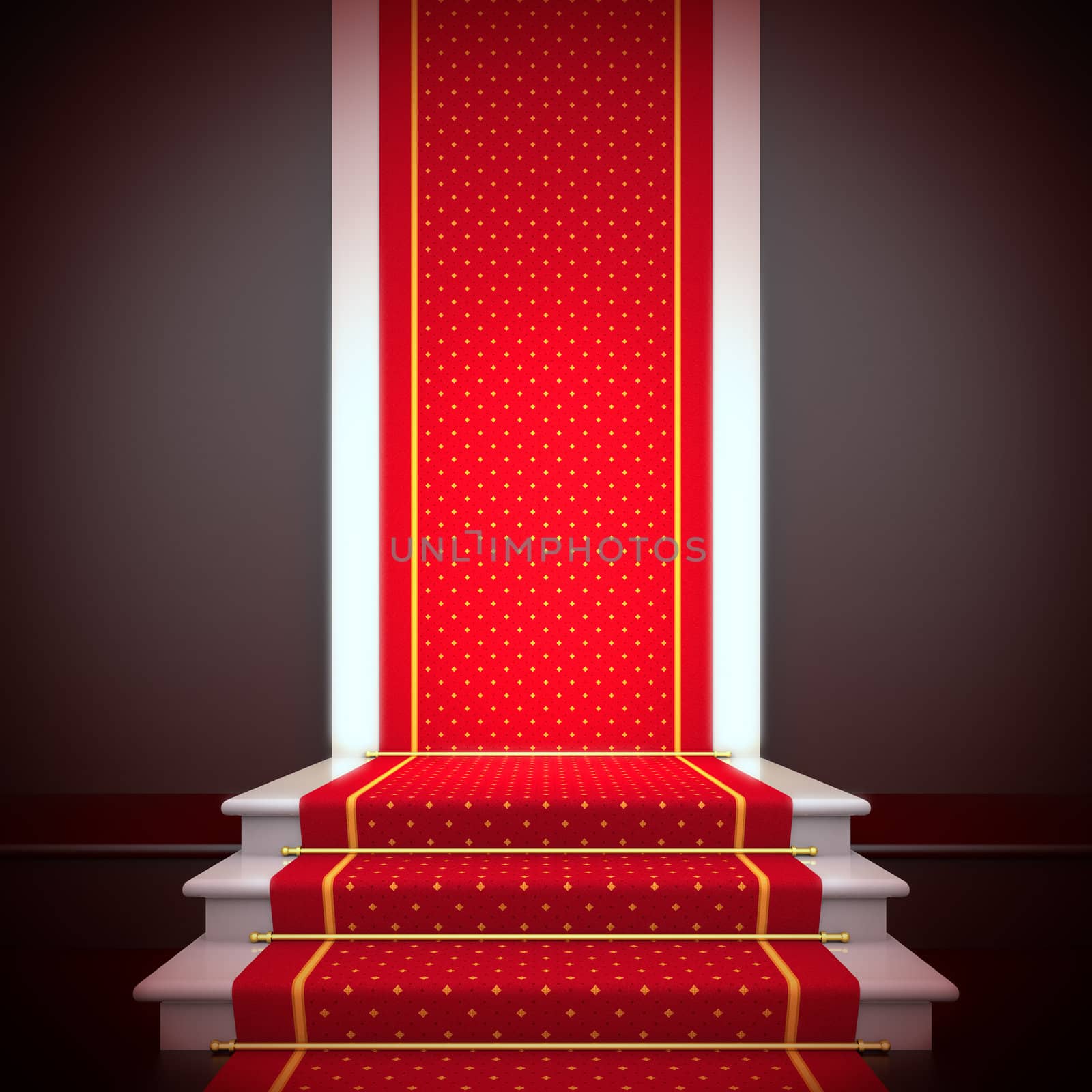 Stage of fame. A 3d illustration blank template of podium with stairs and red carpet.
