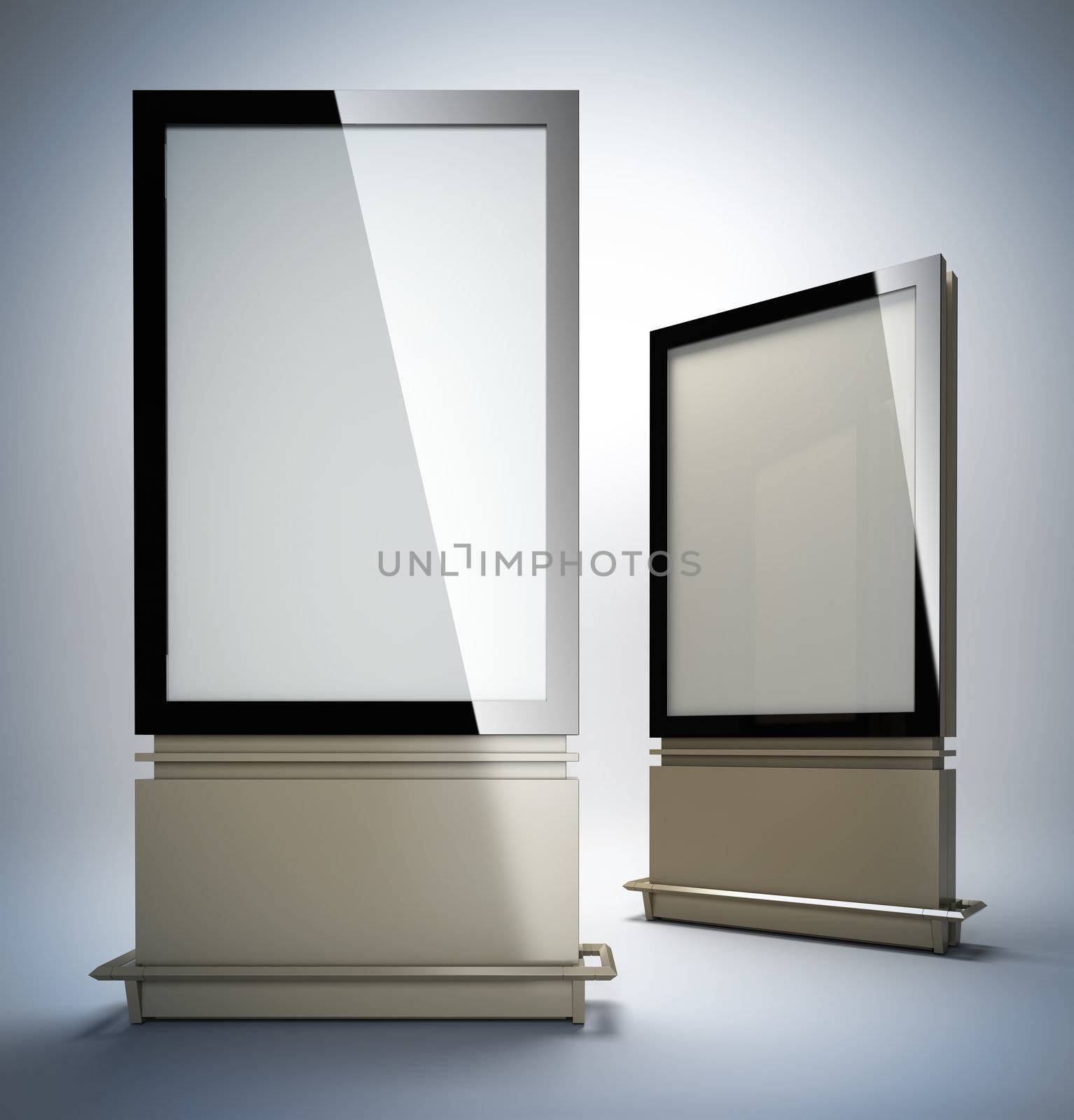 Blank vertical billboards. 3D illustration of blank template layout empty metal billboards with black frame.