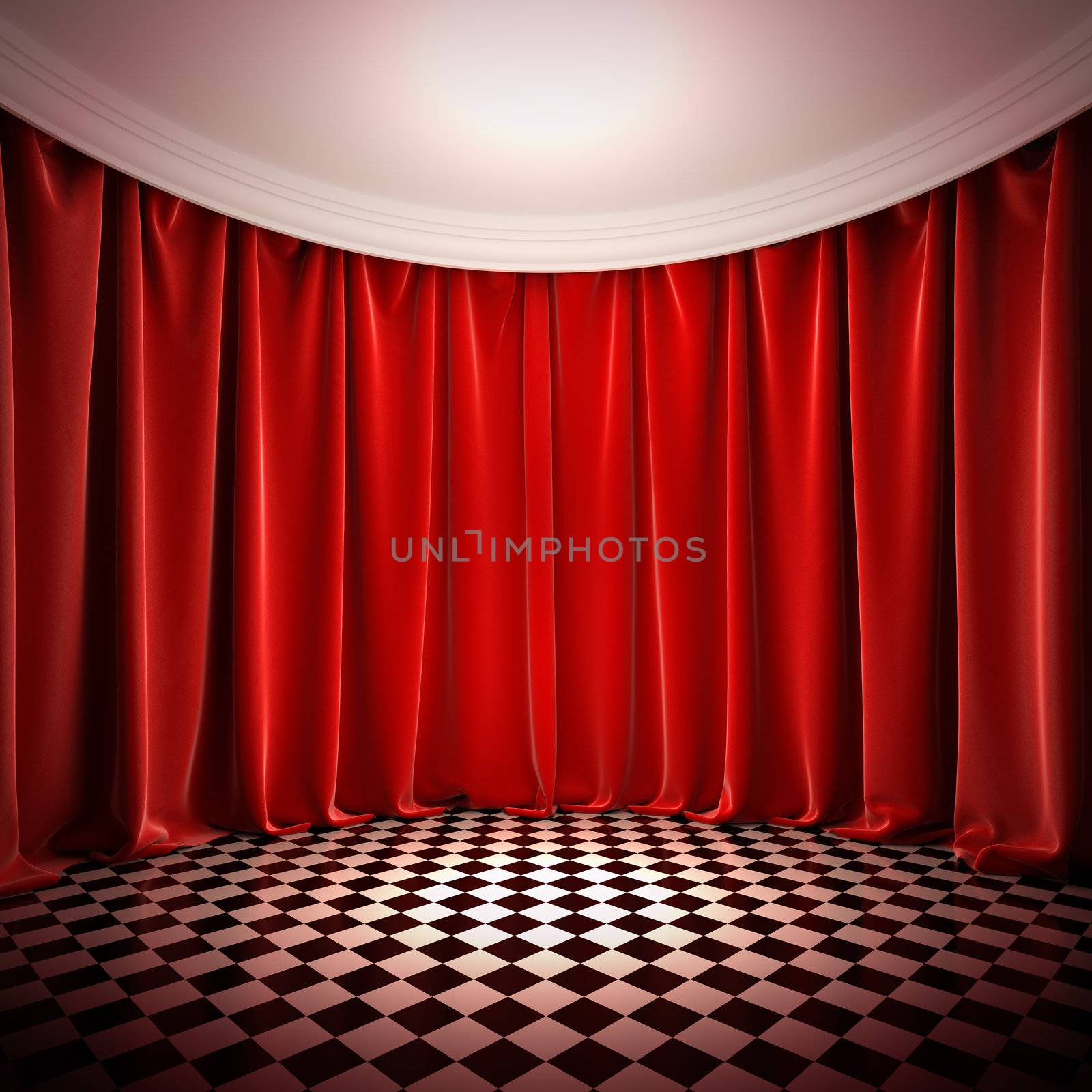 Empty hall with red curtains. A 3d illustration of empty stage in victorian style.