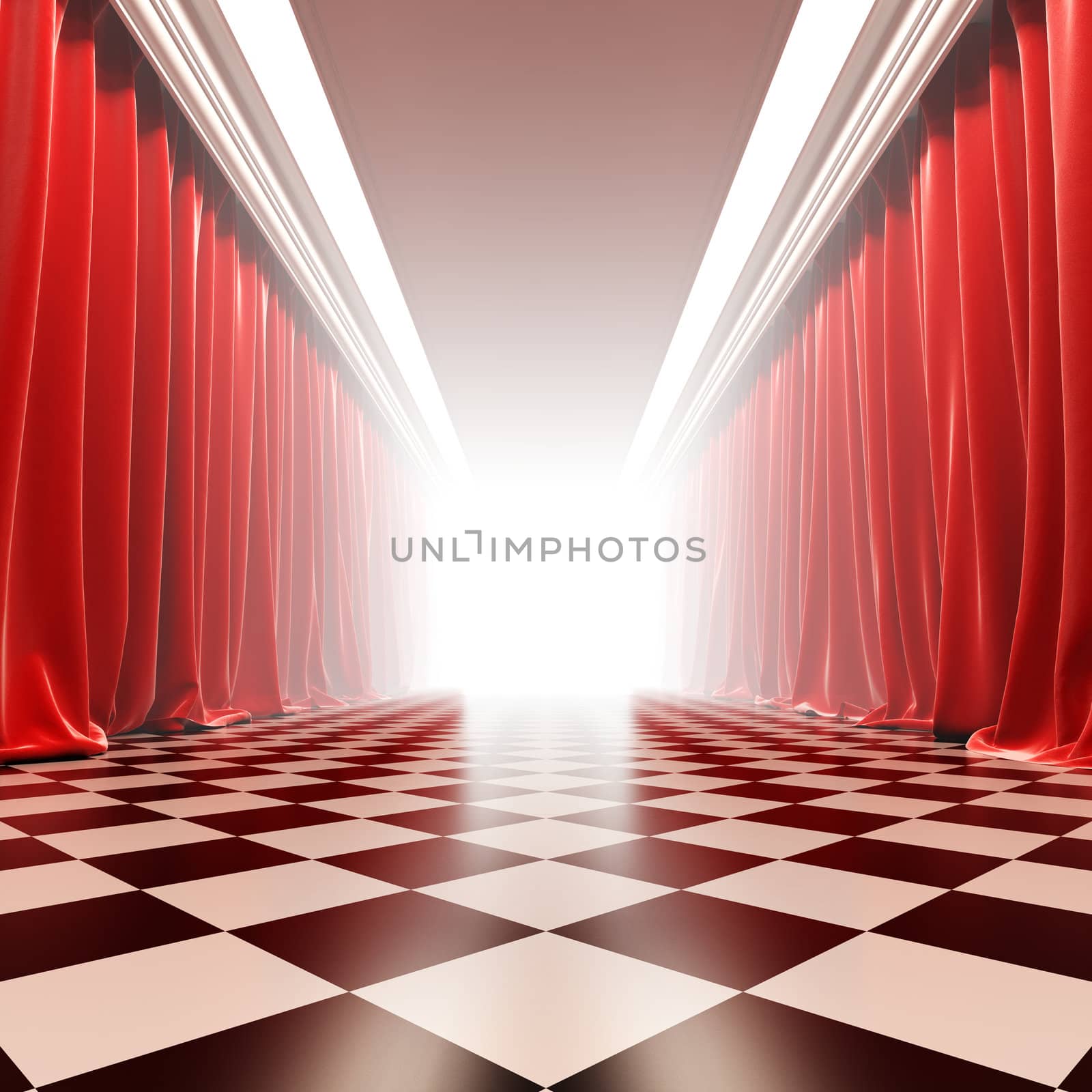 Hall of fame. A 3d illustration of empty hall with red curtains in victorian style.