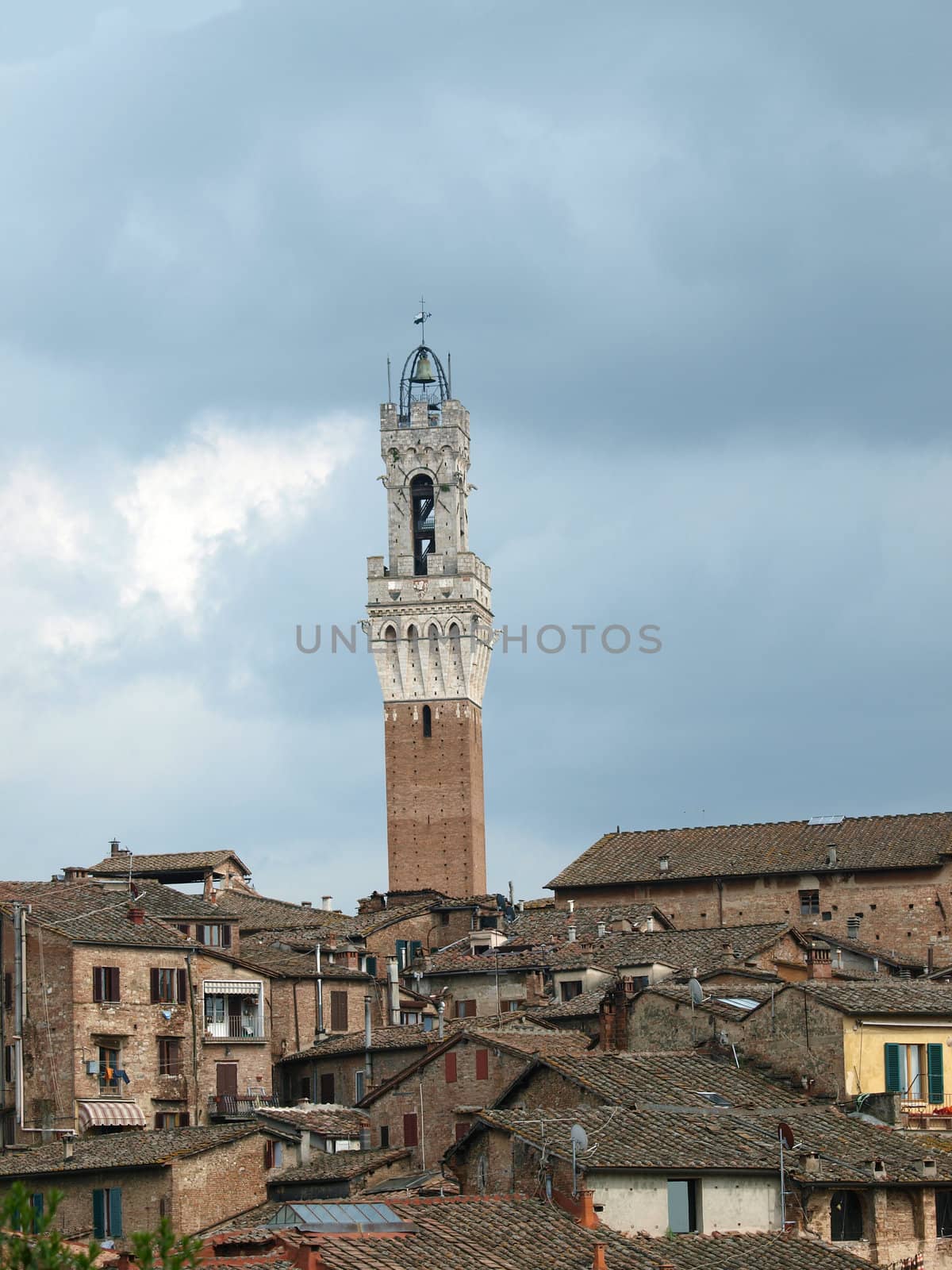 Siena - panorama of the old part of town with a slender tower, Torre del Manga