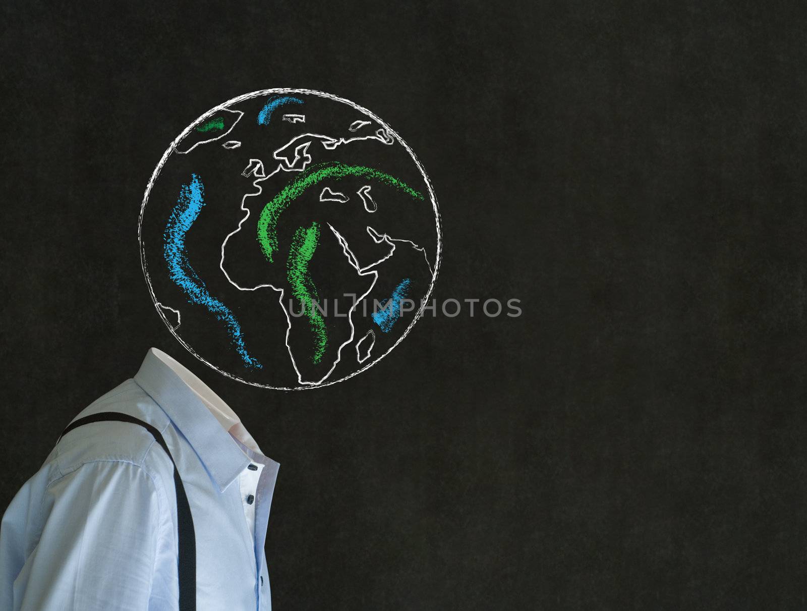 Headless business man, teacher or student with world earth globe head