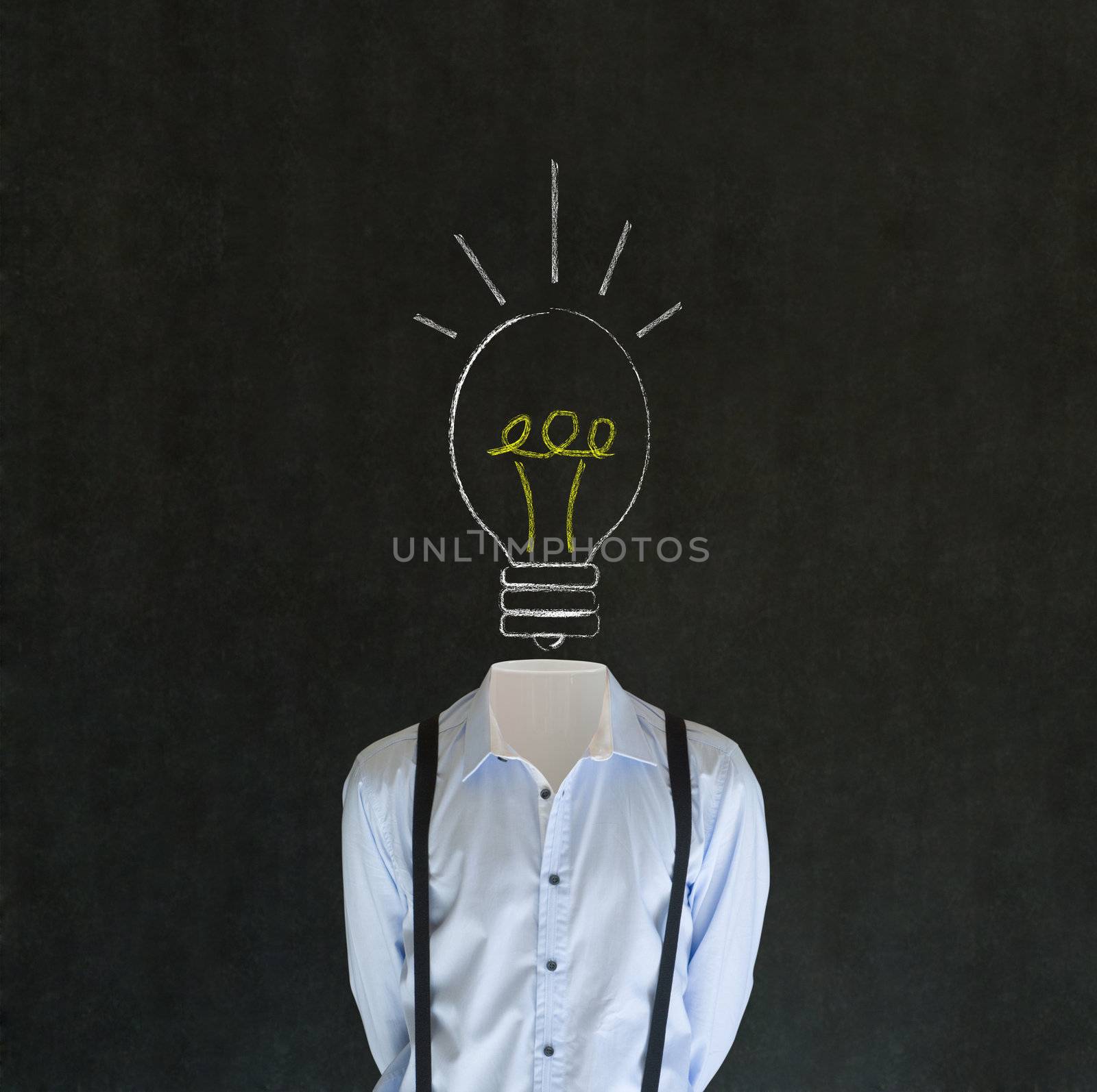 Headless bright idea business man,  teacher or student with chalk background lightbulb head