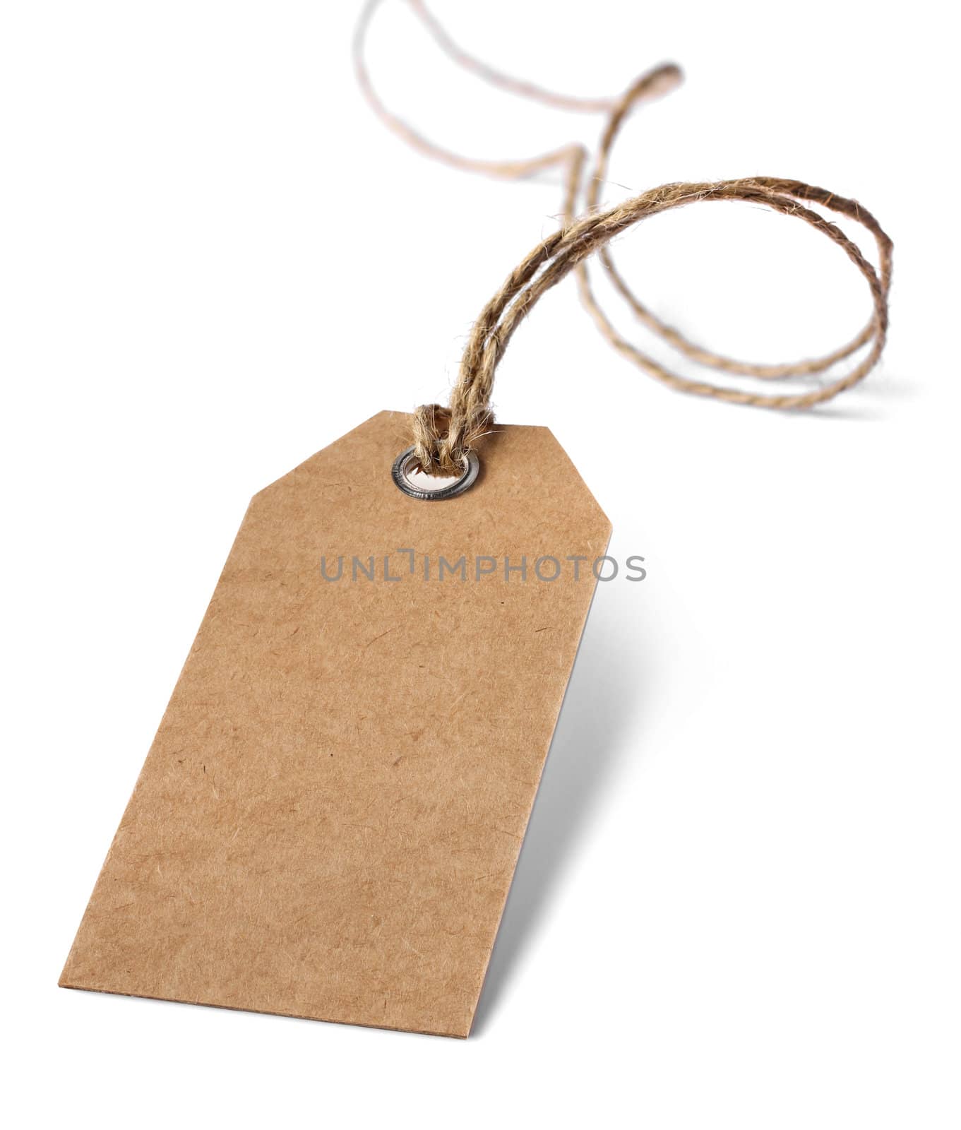 Blank price or address tag with natural ribbon twine, isolated on white