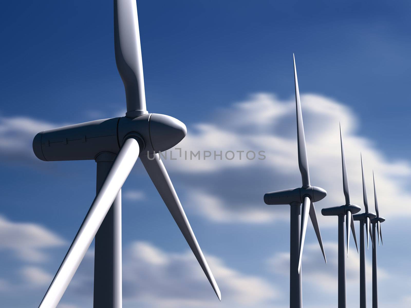 Wind turbines with sky and clouds on background