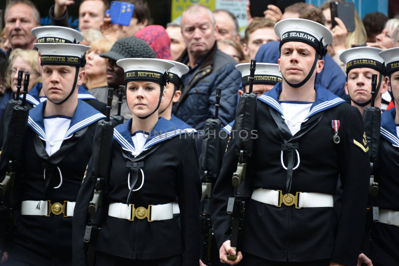 London, UK. April 17th, 2013. Soldiers lining Baroness Thatcher procession route on Ludgate Hill.