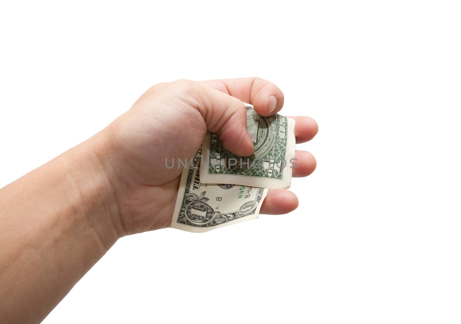 Dollar in hand on white background