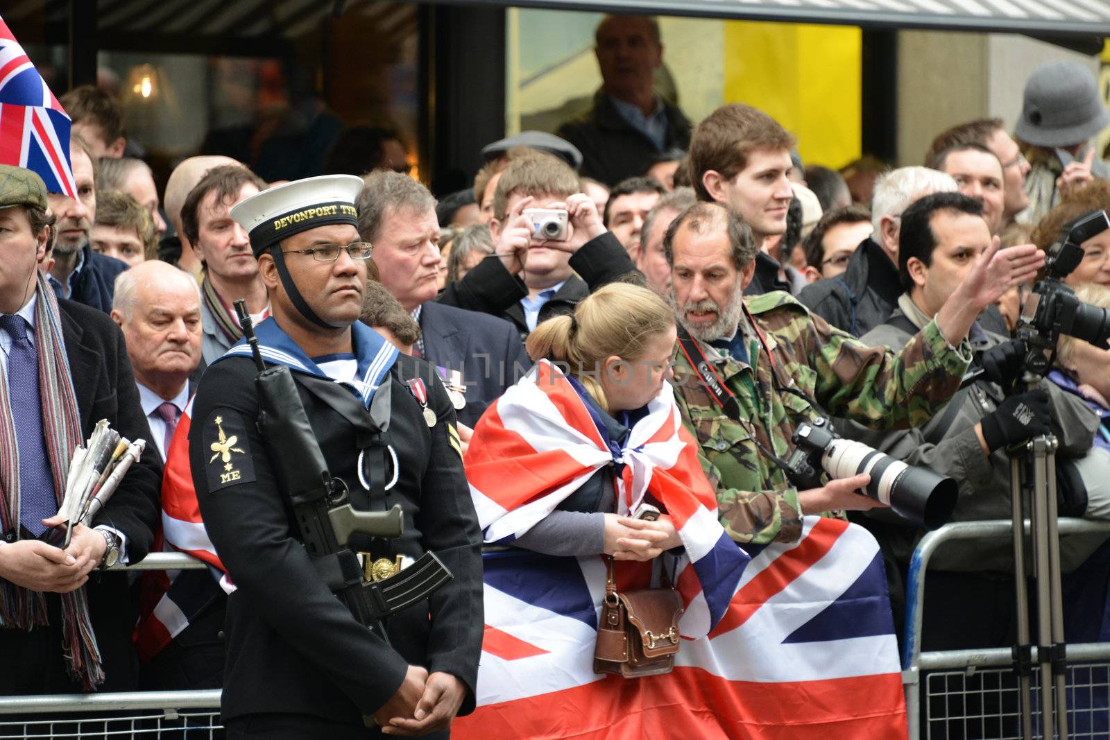 London, UK. April 17th, 2013. Soldier lining Baroness Thatcher procession route on Ludgate Hill.