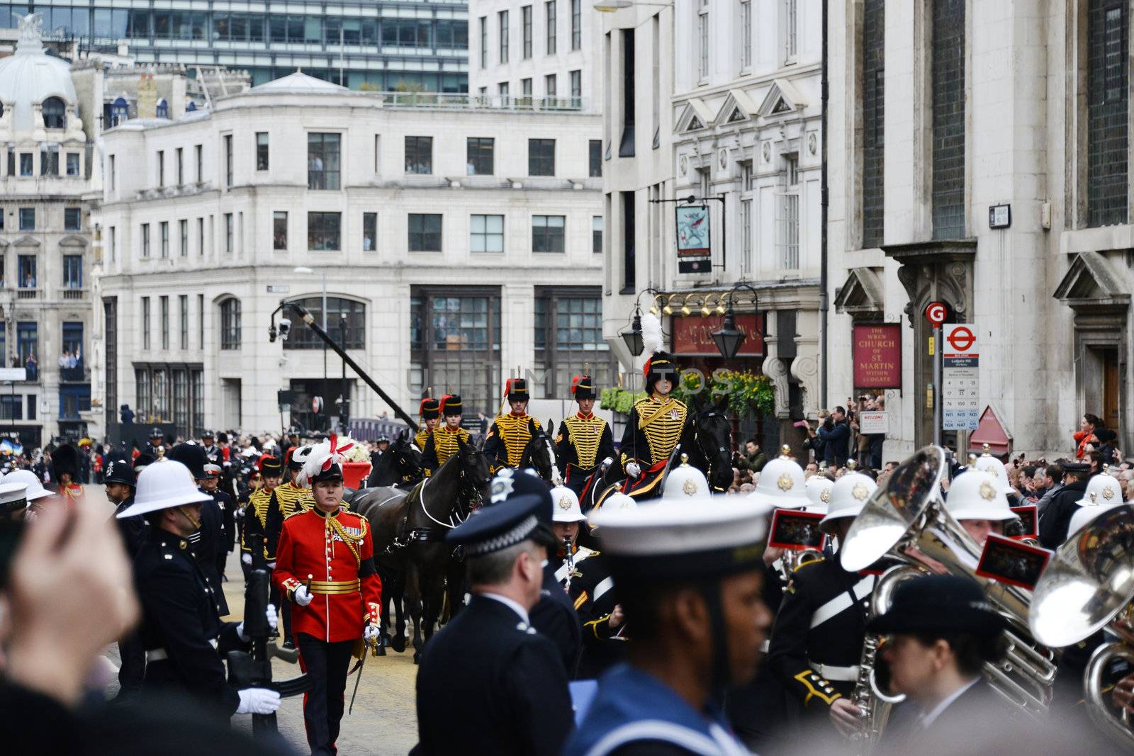 London, UK. April 17th, 2013. Baroness Thatcher's coffin is carried on a gun carriage on its way to St Paul's Cathedral.