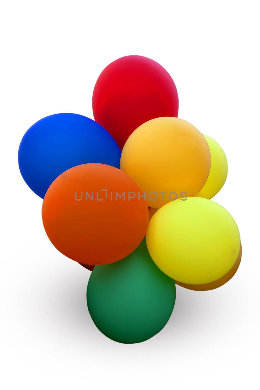 Colorful balloons floating under a white background.