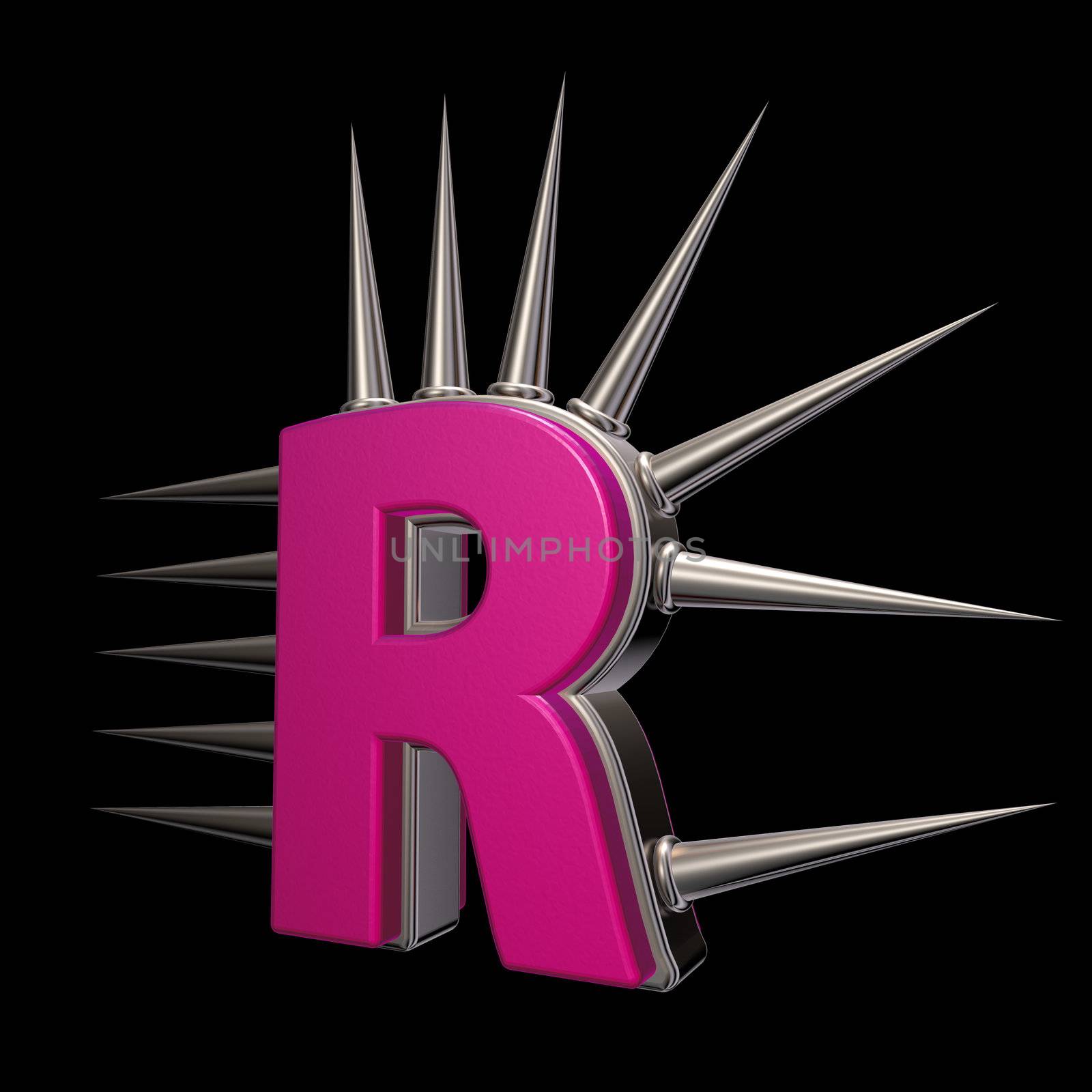 letter r with metal prickles on black background - 3d illustration