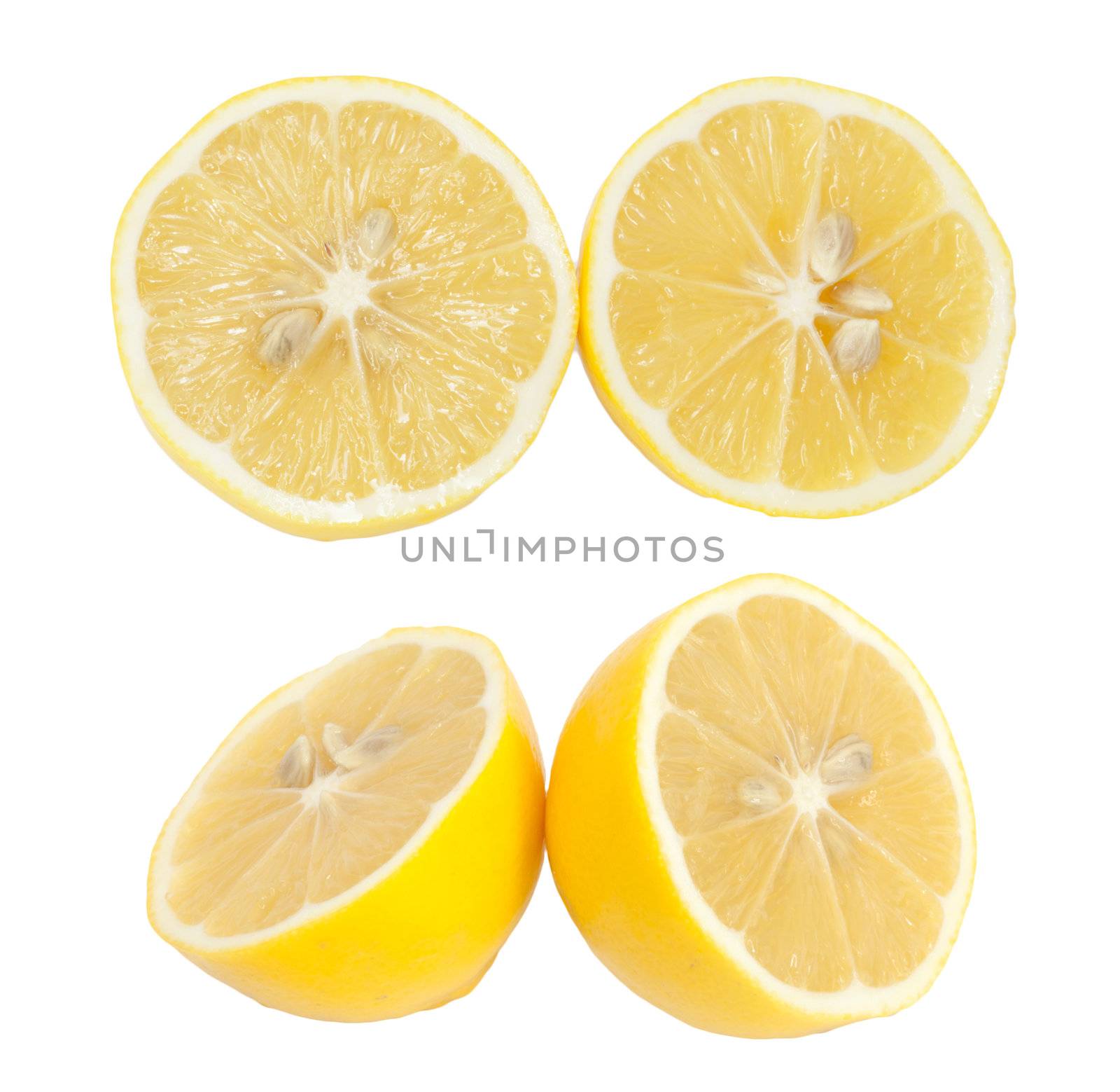 fresh lemon halves on white background. 