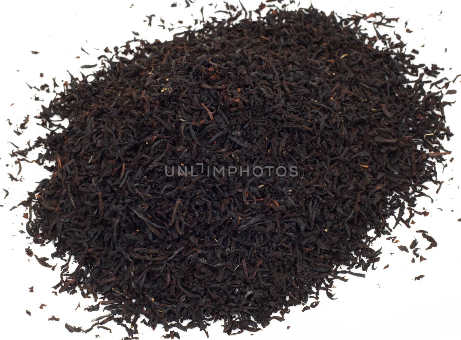 Handful of black tea leaves on white background 