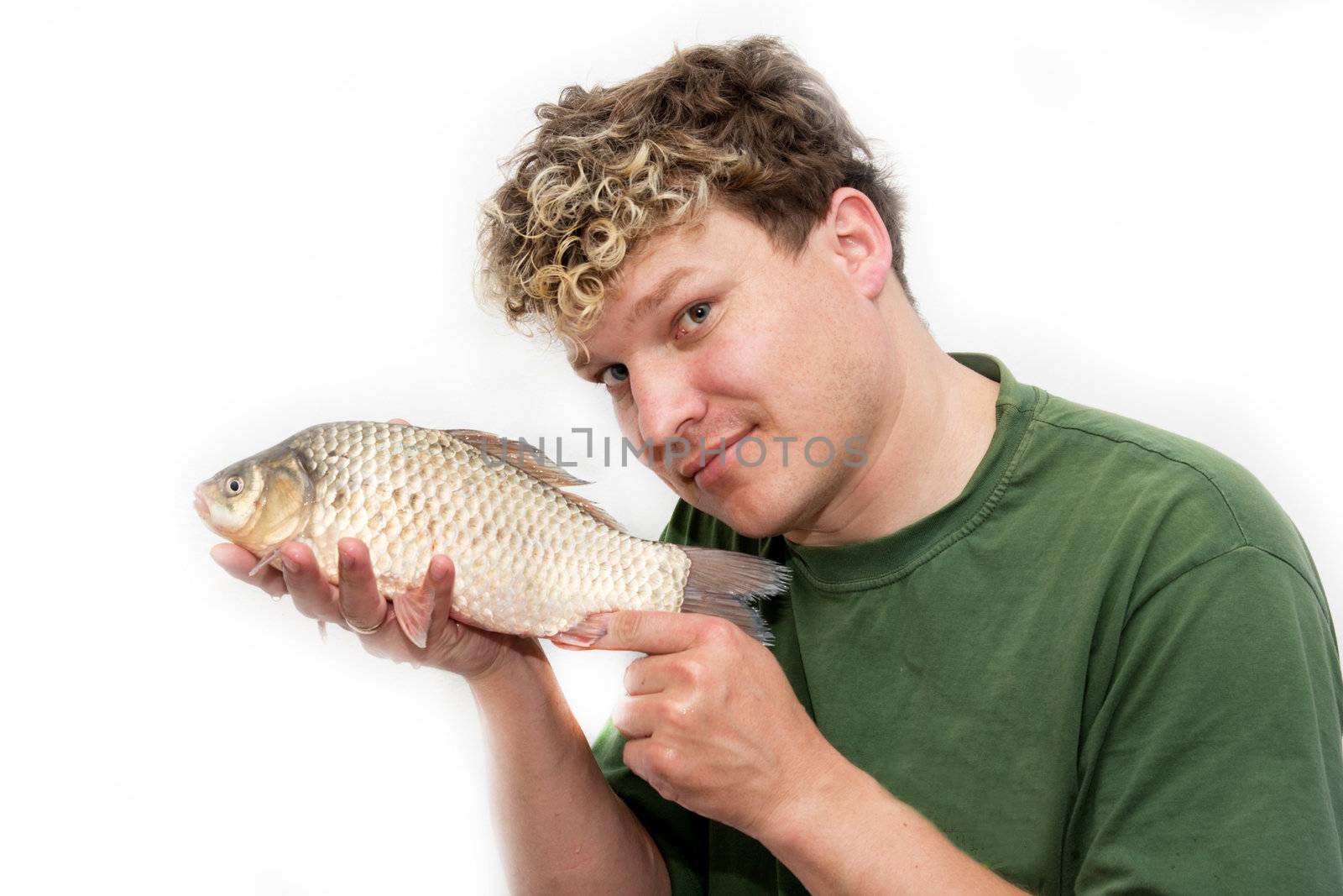 a man with a fish on a white background by schankz