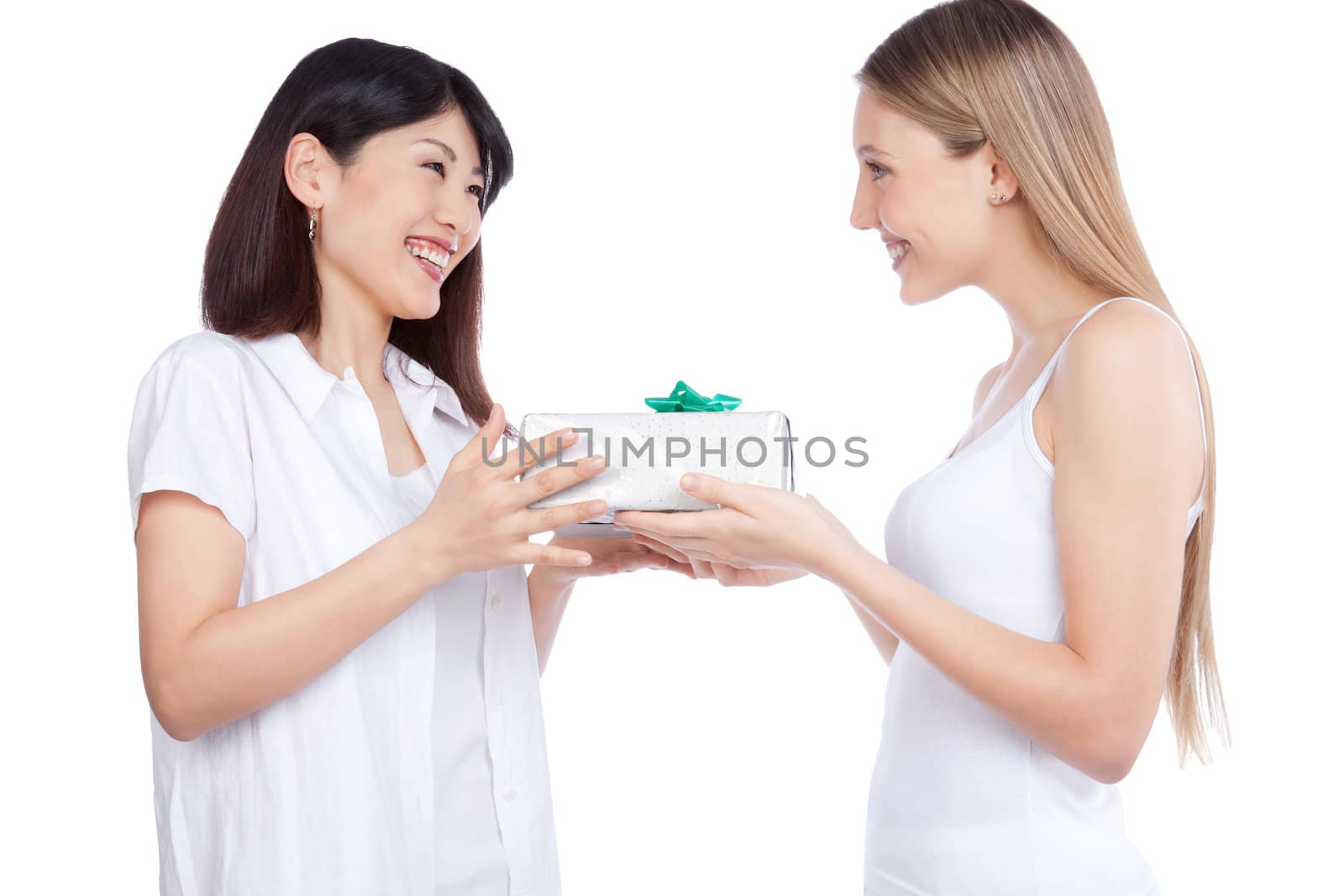 Two Women with Gift Box by leaf