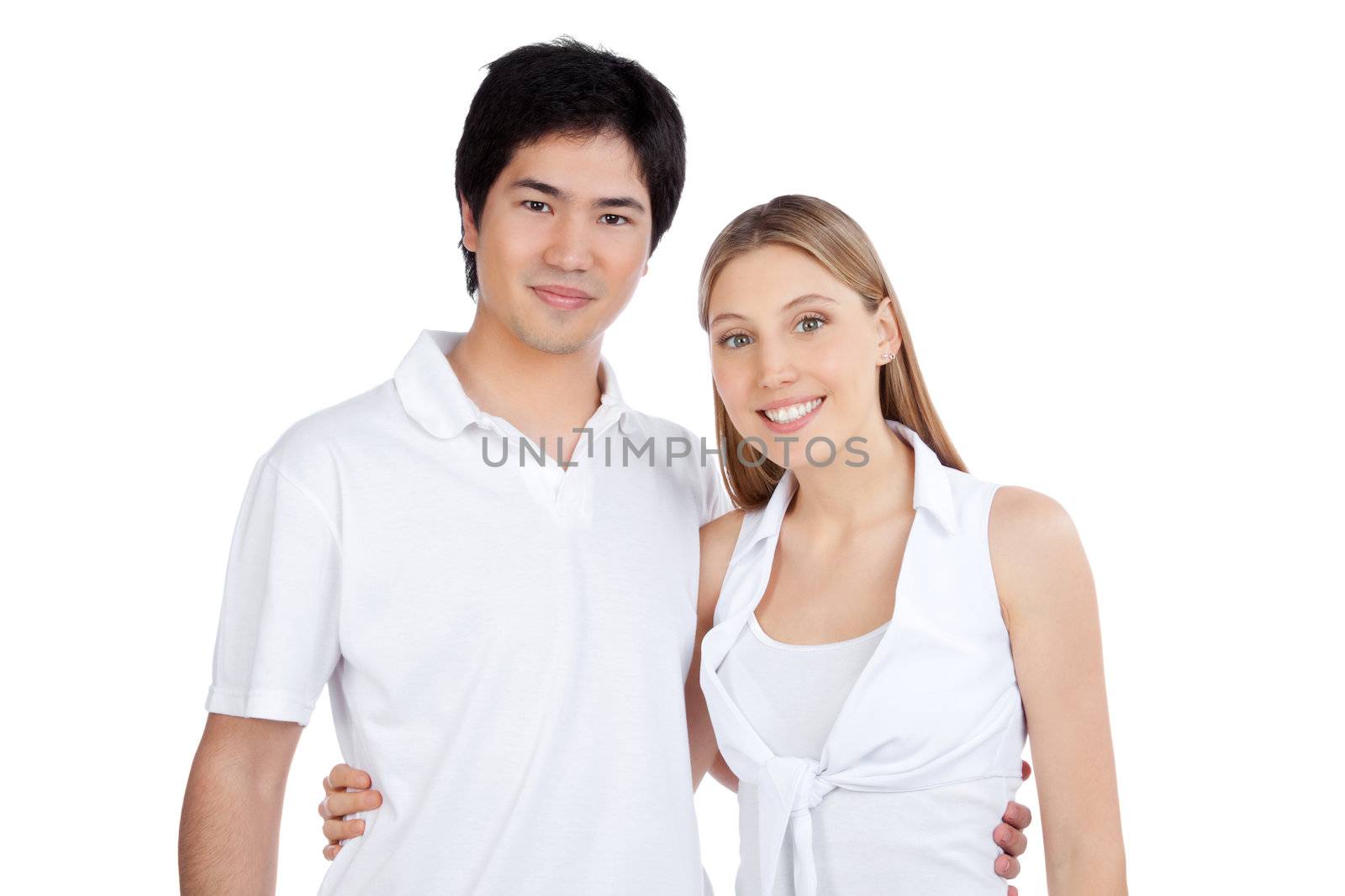 Portrait of happy couple isolated on white background.