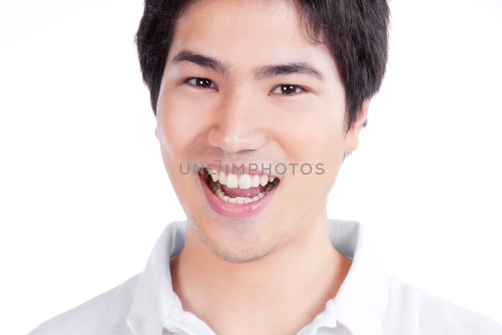 Happy young asian man isolated on white background.