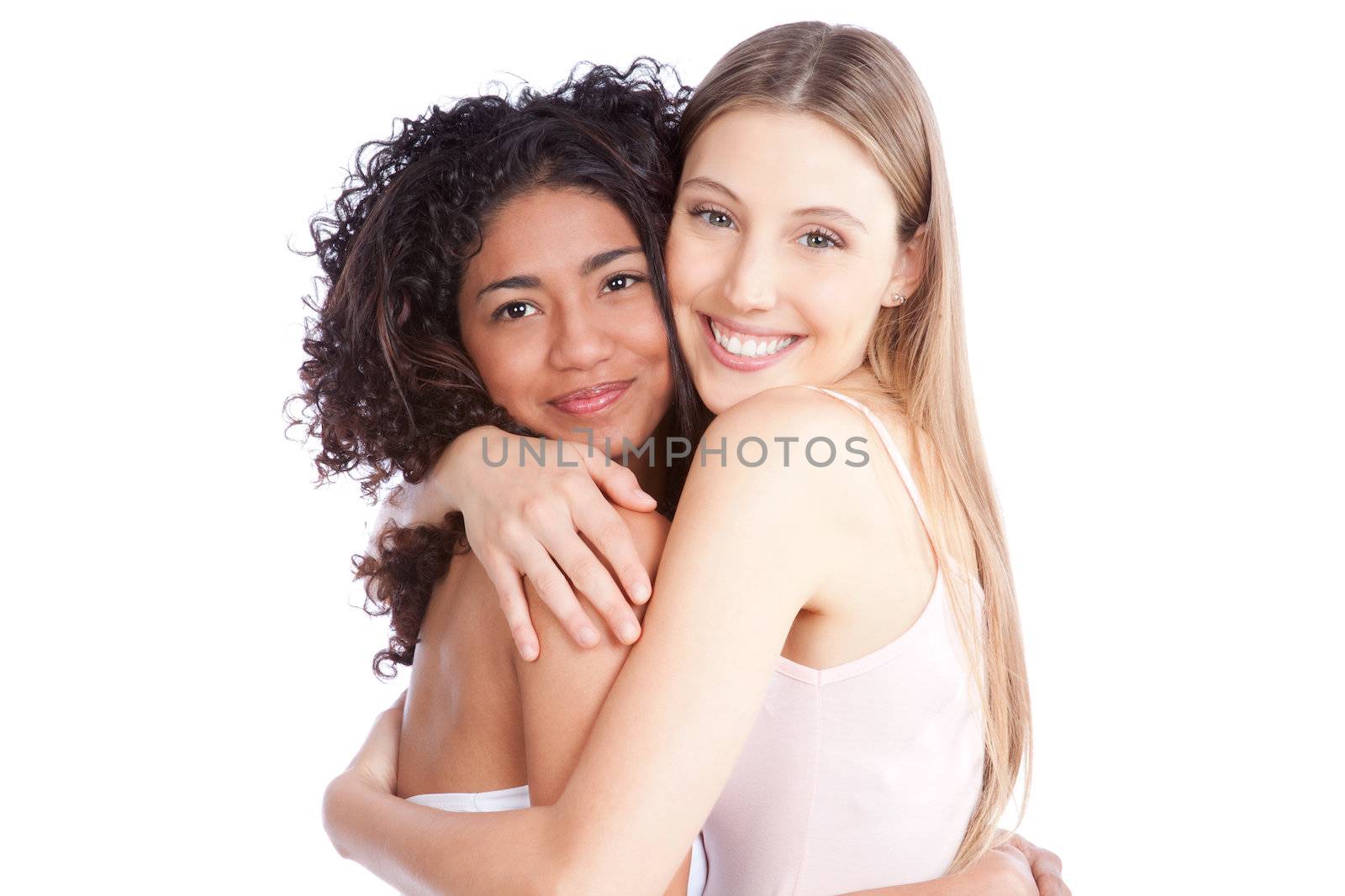 Portrait of caucasian and african american young woman isolated on white background.