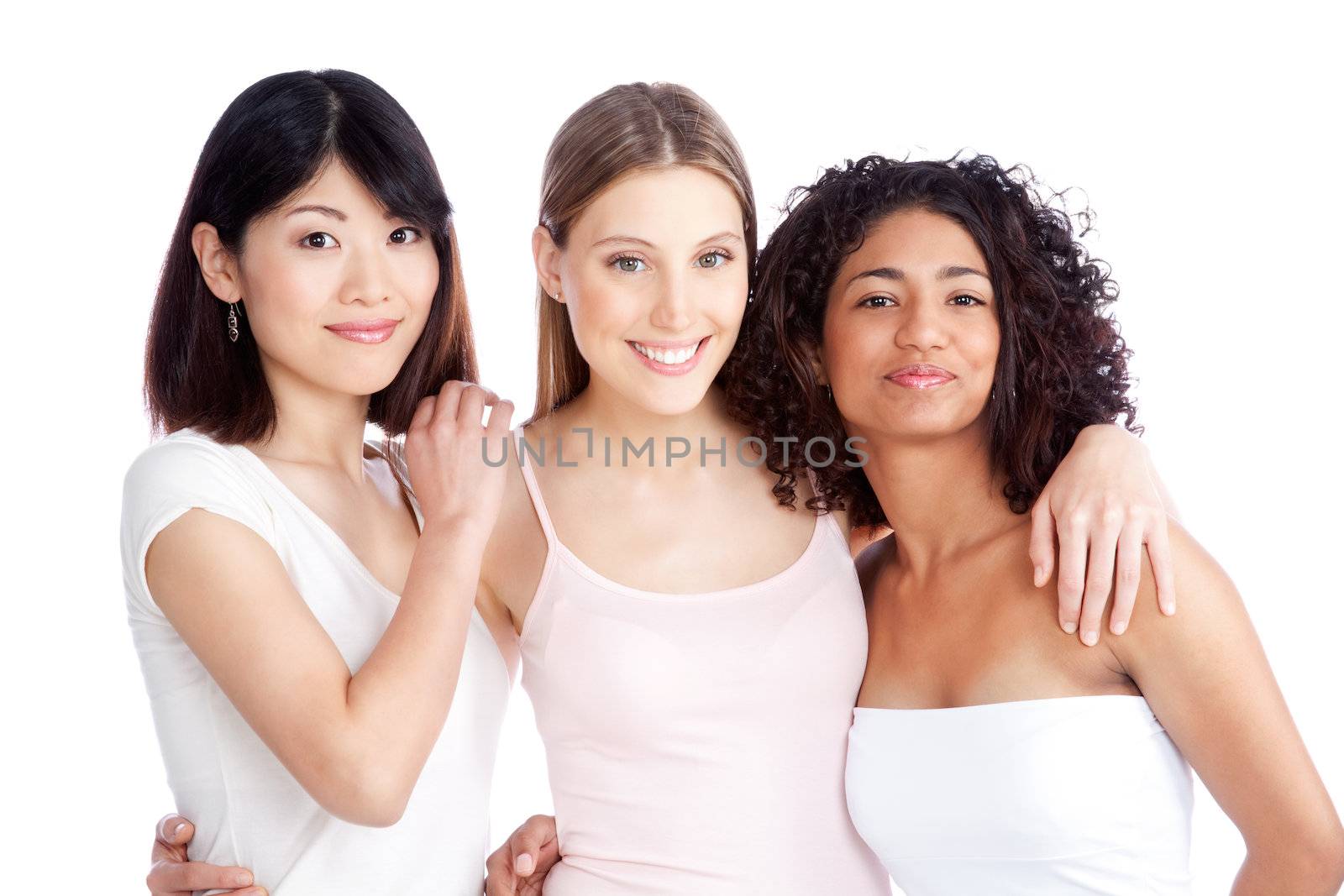 Multiethnic group of young woman isolated on white background.