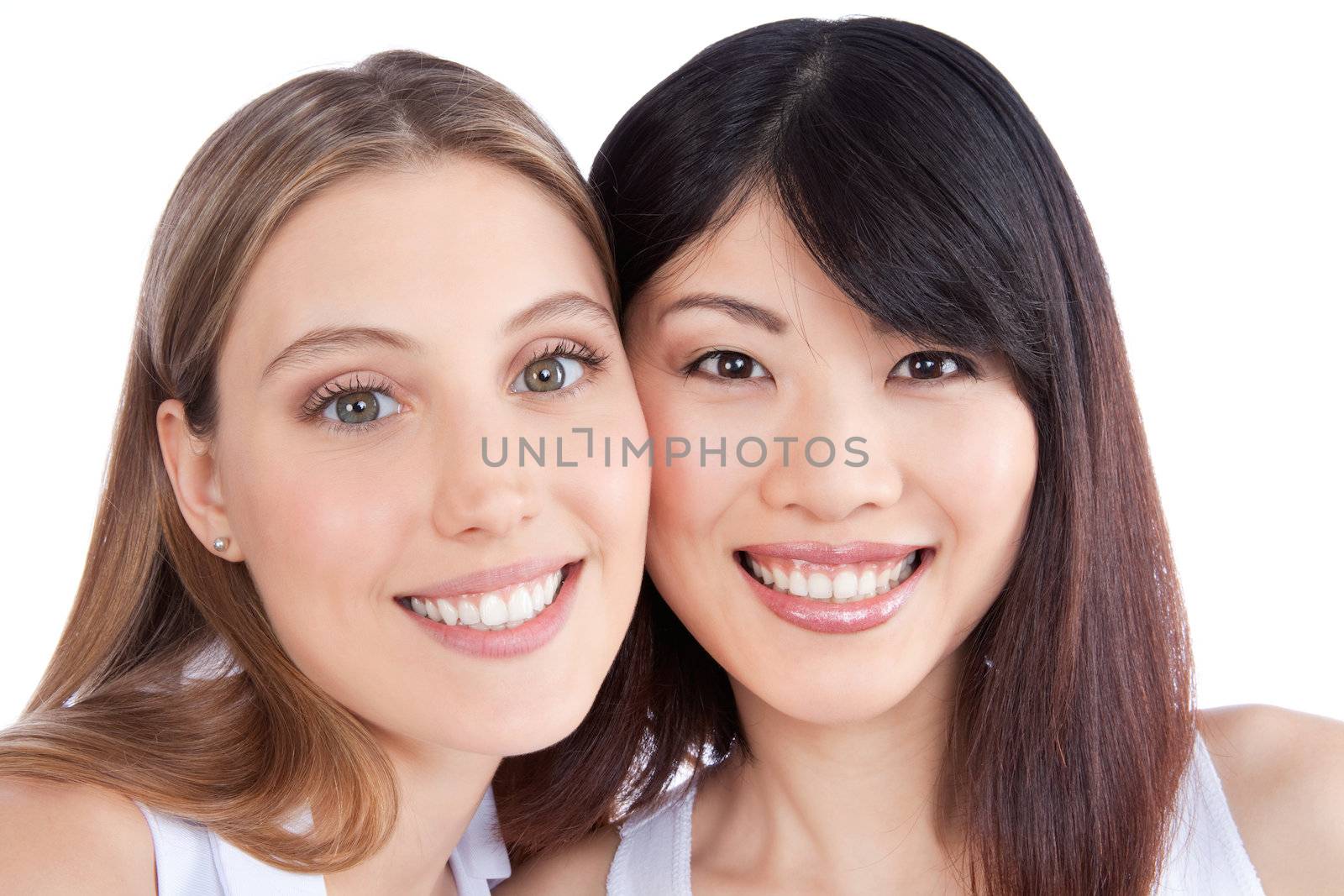Portrait of two women isolated on white background.