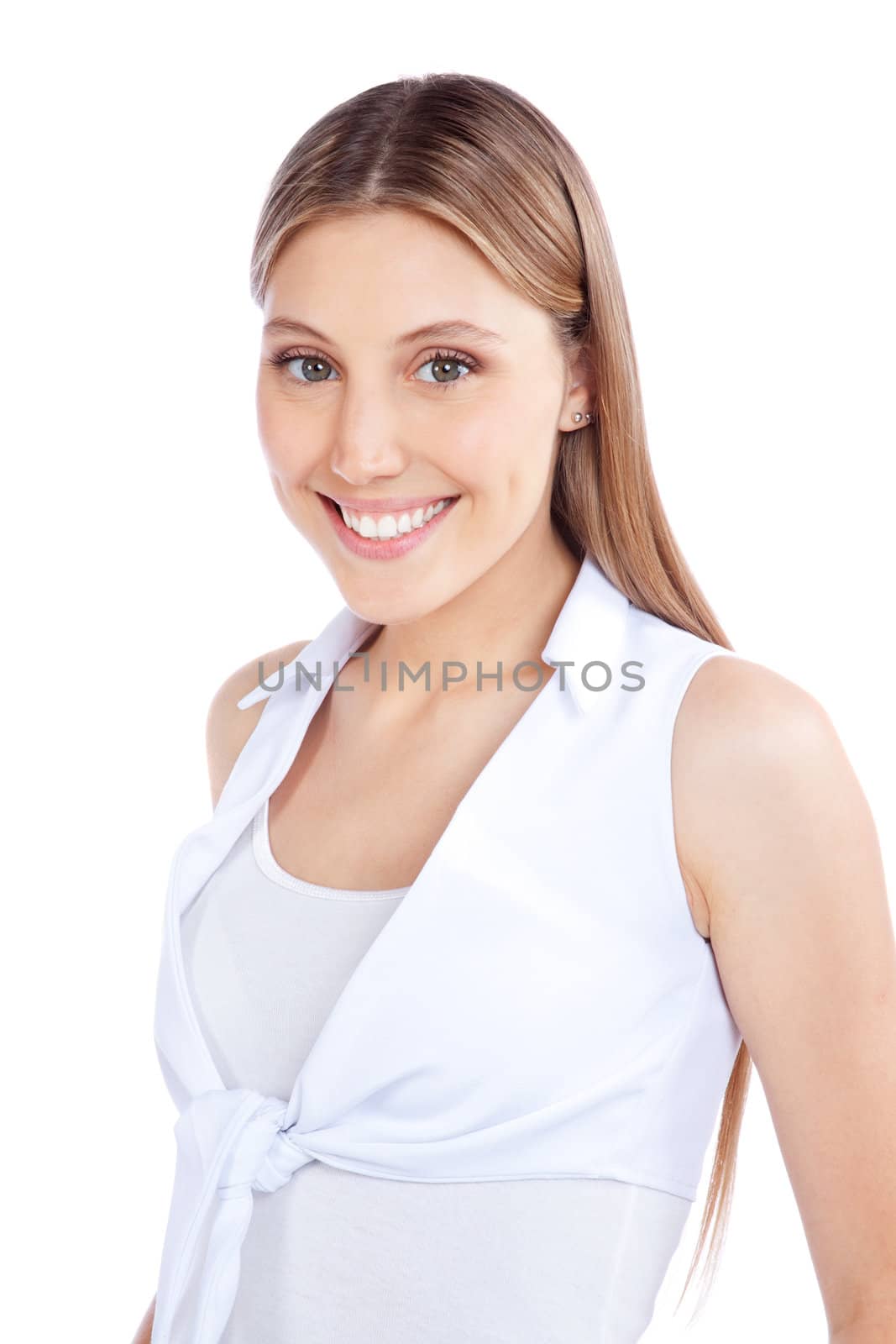 Young happy woman isolated on white background.