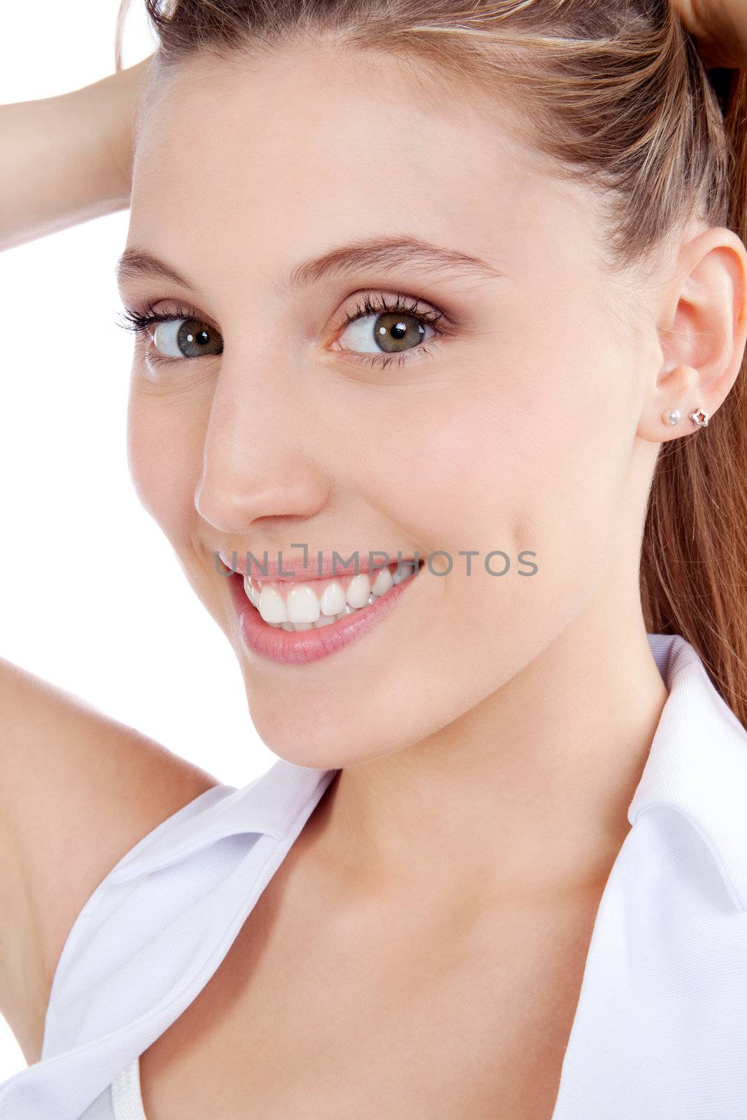 Young happy woman isolated on white background.