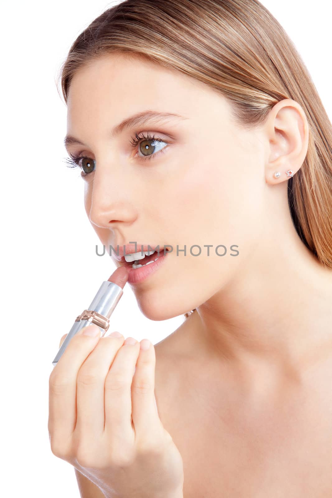 Beautiful woman applying lipstick on lips, isolated on white background.