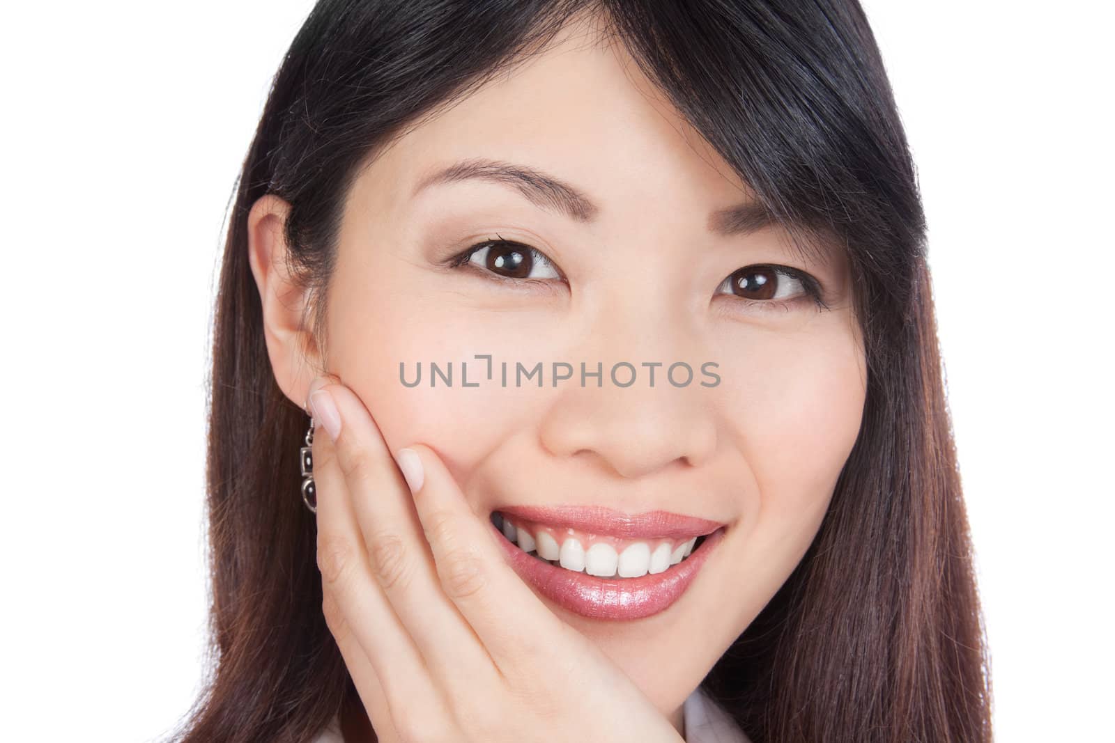Young happy asian woman isolated on white background.