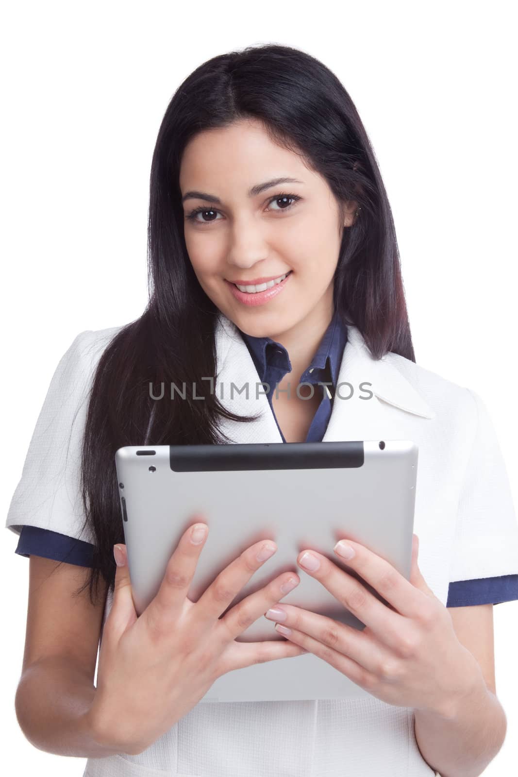 Portrait of young woman holding digital tablet isolated on white background.