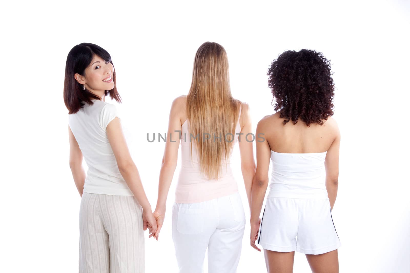 Multiethnic group of young woman holding hand isolated on white background.