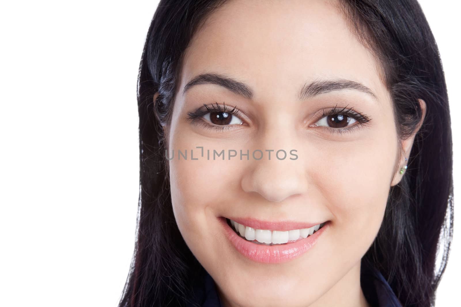 Portrait of happy young woman face isolated on white background.