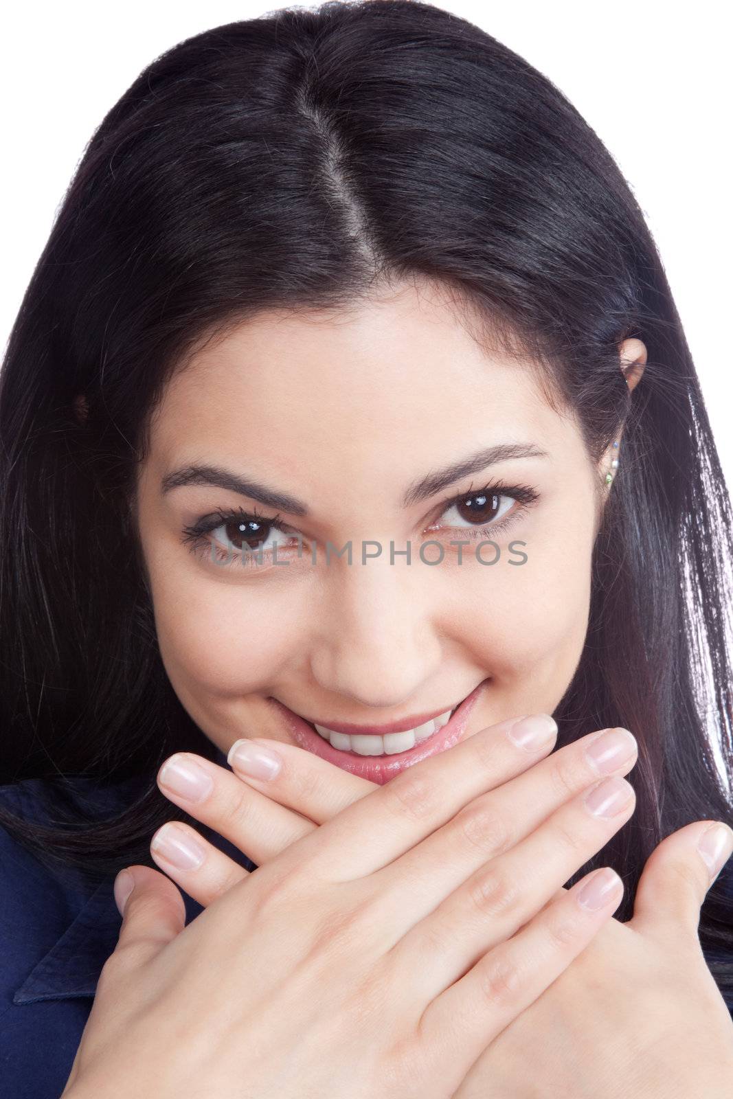 Portrait of happy young woman isolated on white background.