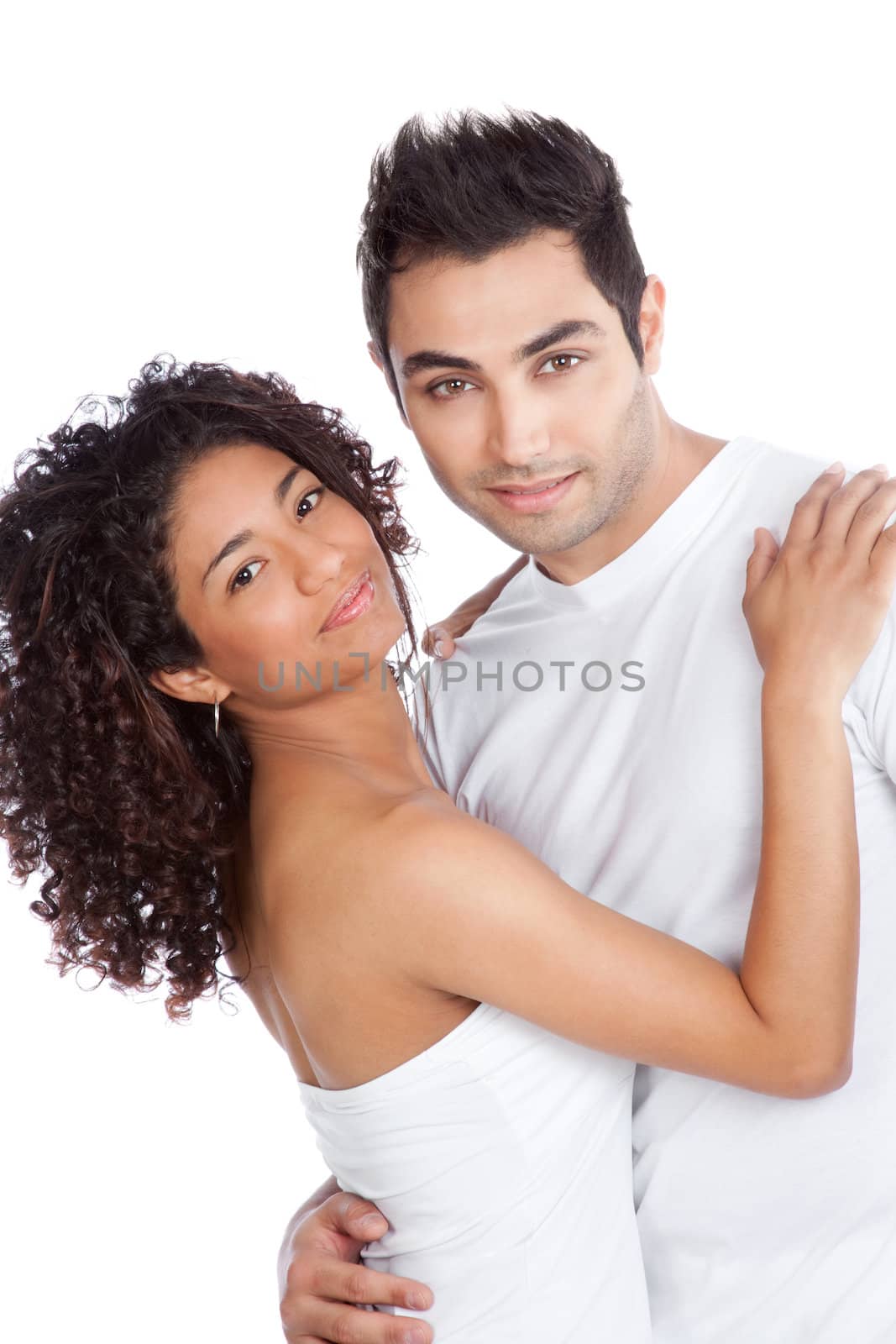 Portrait of diverse young couple isolated on white background.
