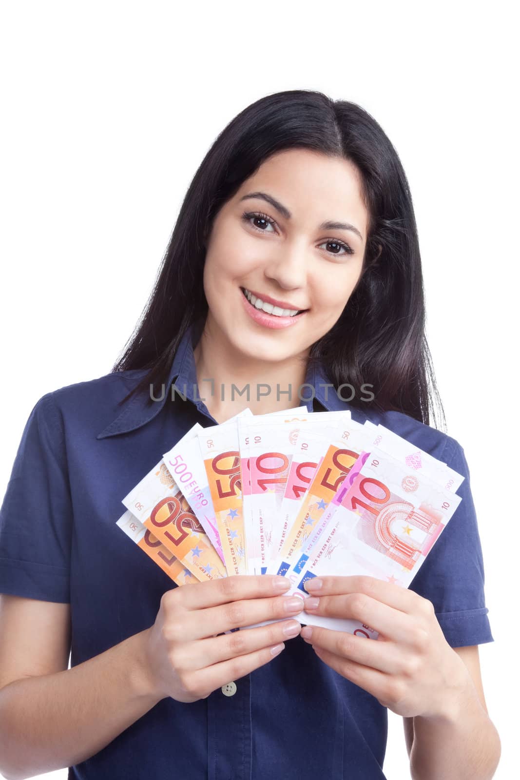 Smiling woman holding euro note in hand isolated on white background.