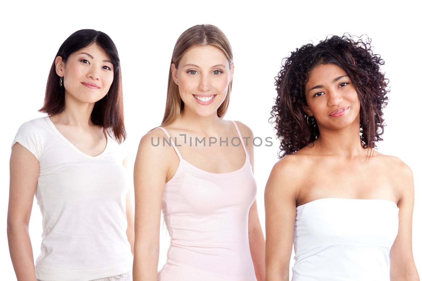 Multiethnic group of young woman isolated on white background.