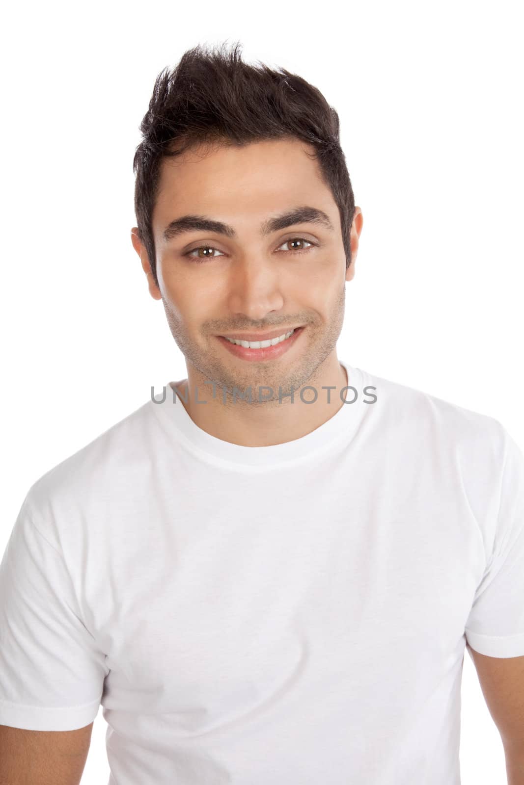 Portrait of happy young man isolated on white background.