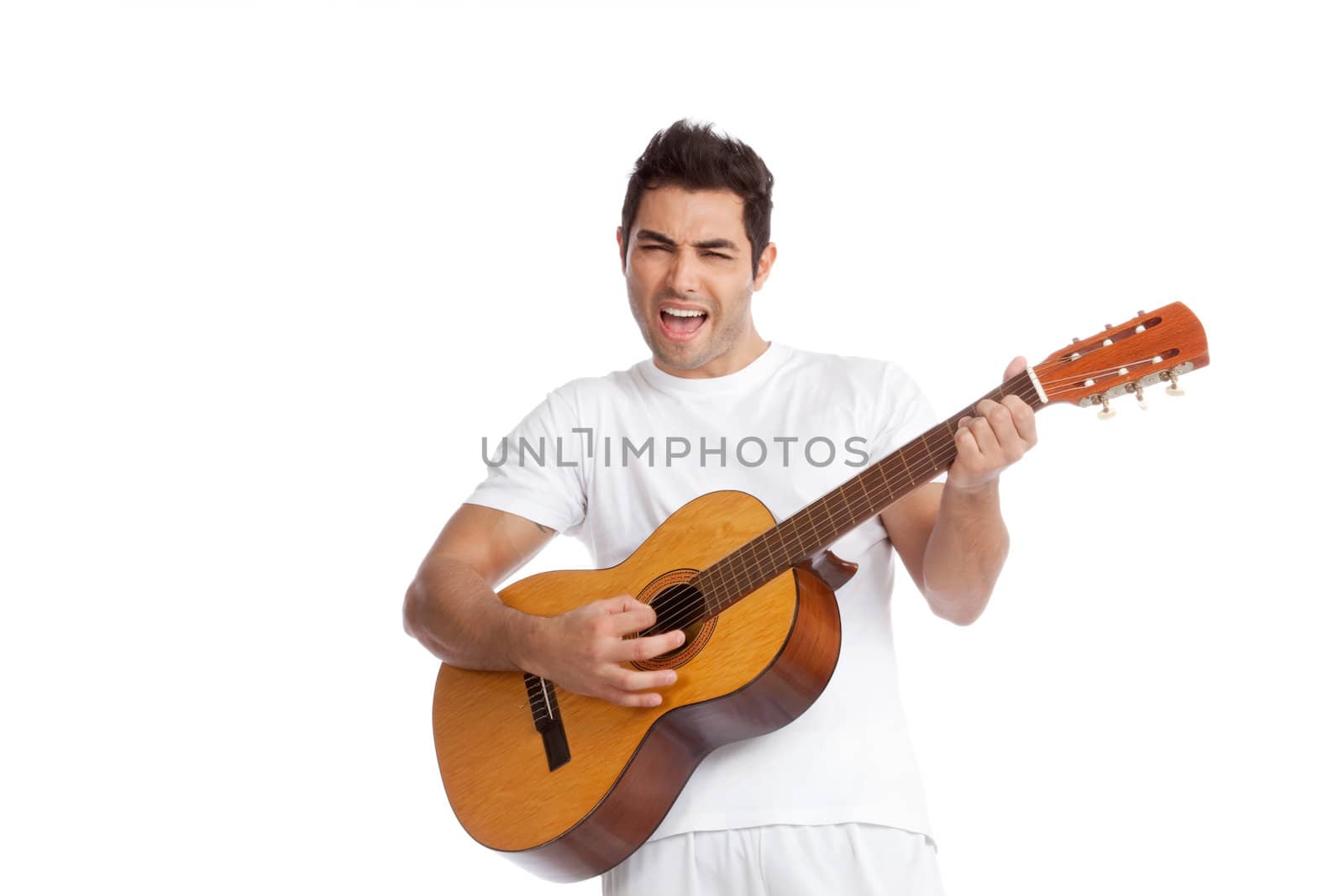 Portrait of young man playing guitar isolated on white background.