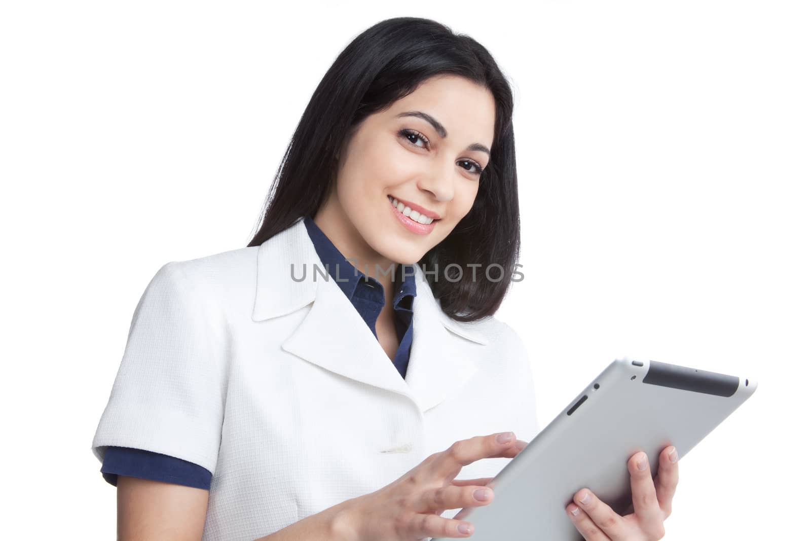 Portrait of young woman using digital tablet isolated on white background.