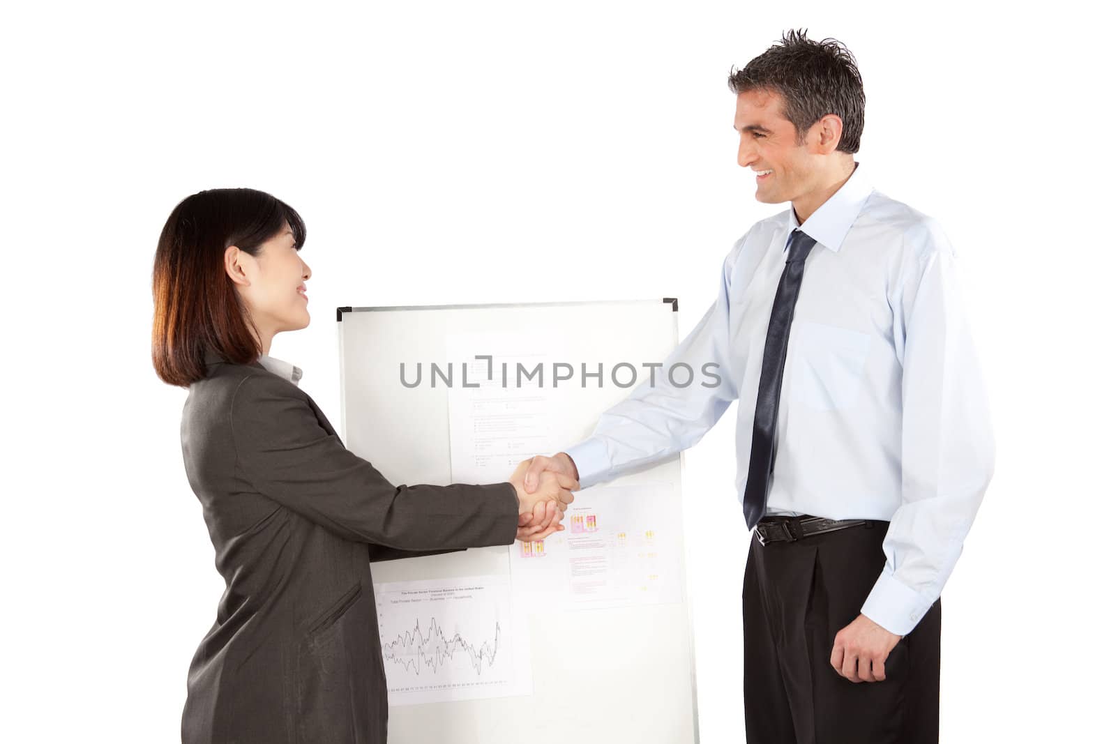 Businesswoman And Businessman Shaking Hand by leaf