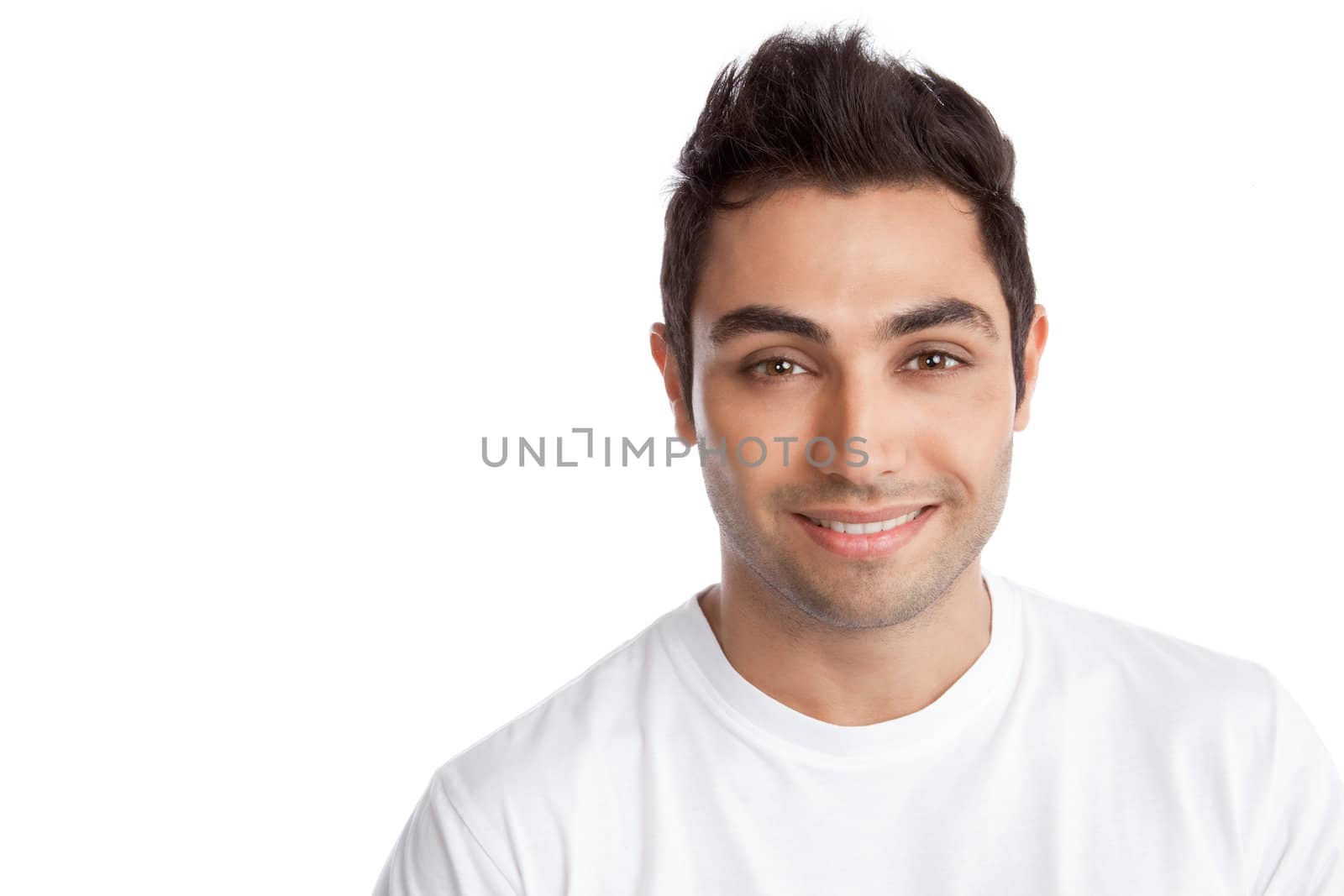 Portrait of happy young man isolated on white background.