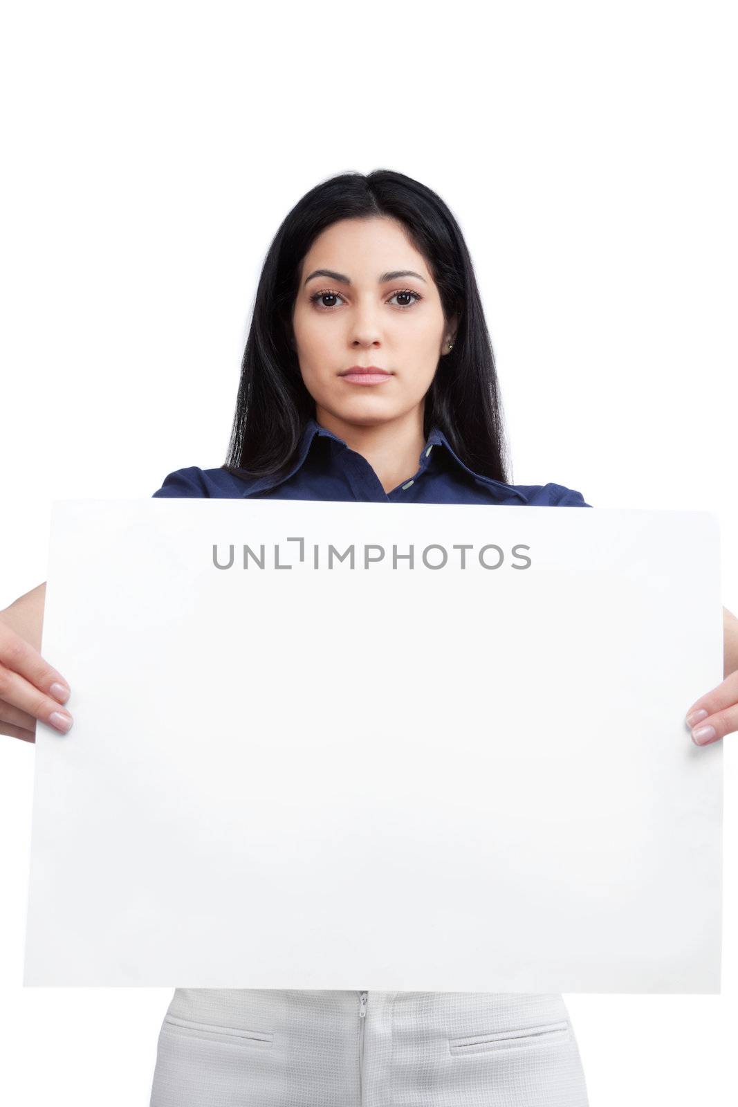 Businesswoman Holding Blank Placard by leaf