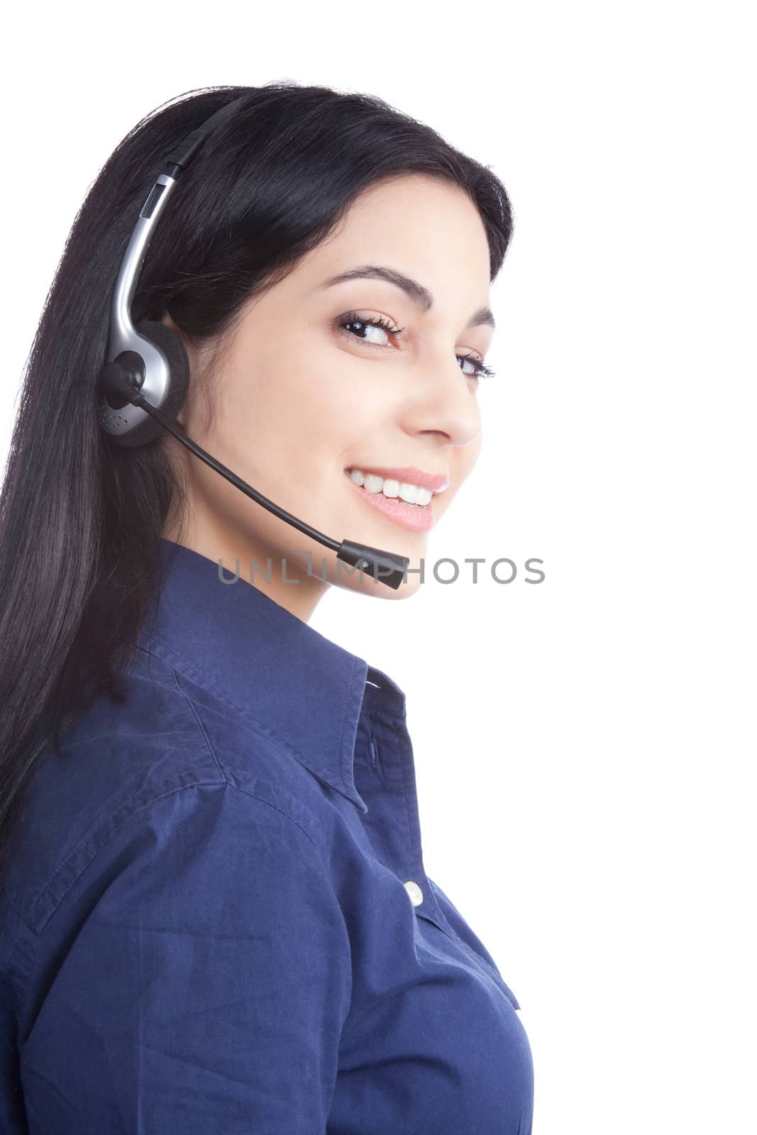 Happy businesswoman wearing a headset isolated on white background.