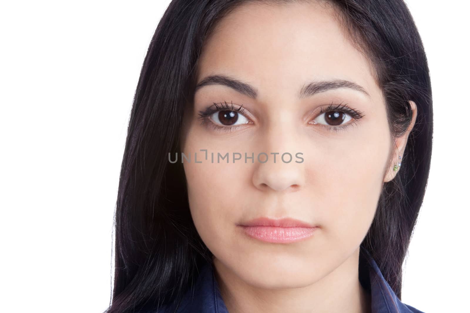 Portrait of young woman face isolated on white background.