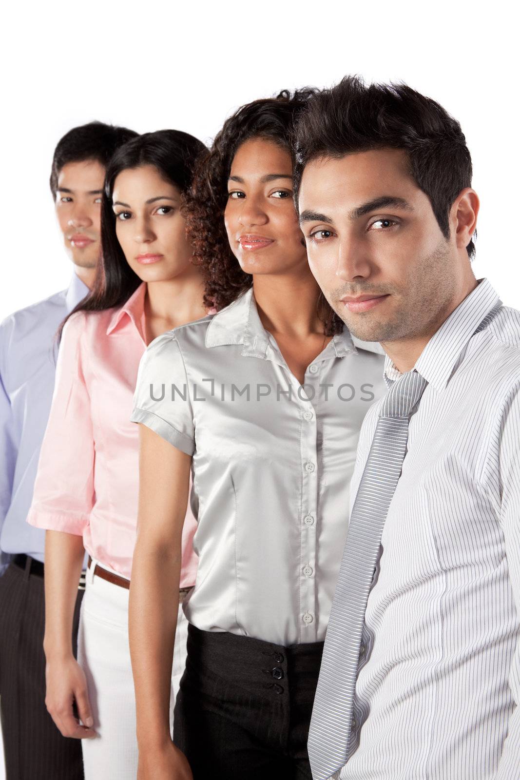 Multiethnic group of businesspeople isolated on white background.