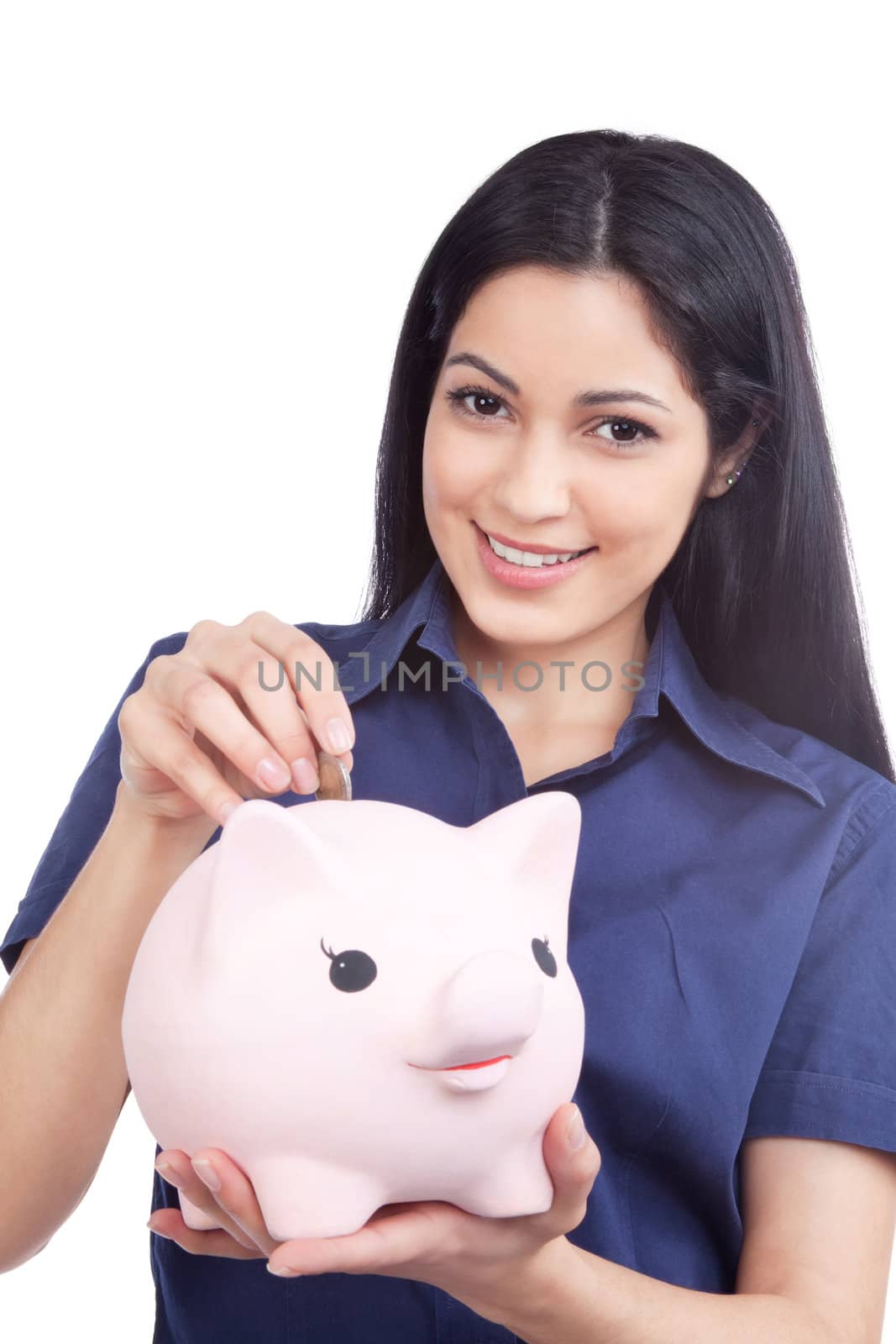 Smiling Woman Holding Piggy Bank by leaf